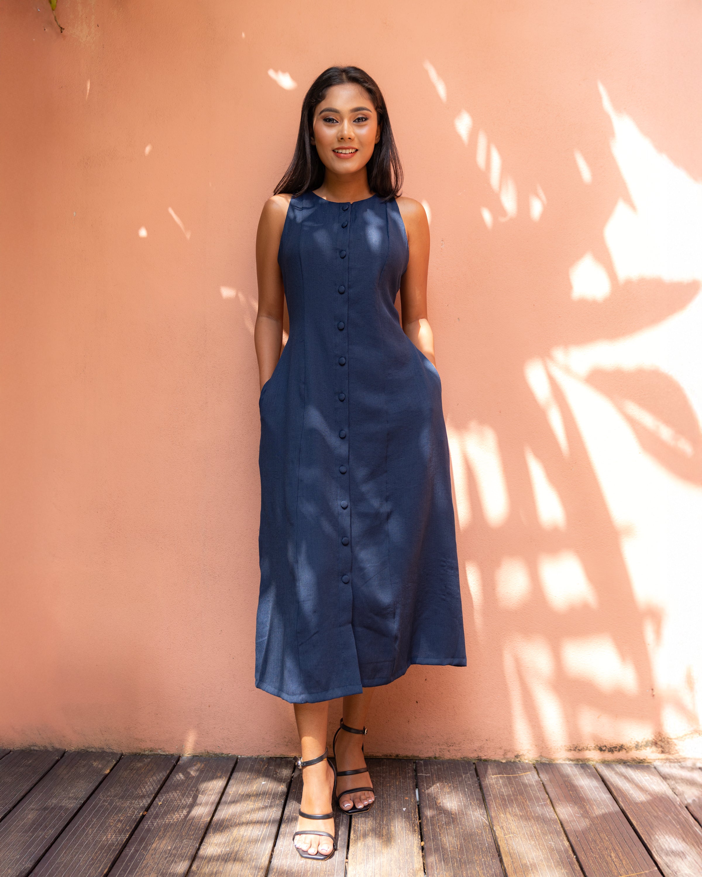 Aheli Cotton Button Down Dress - Navy Blue