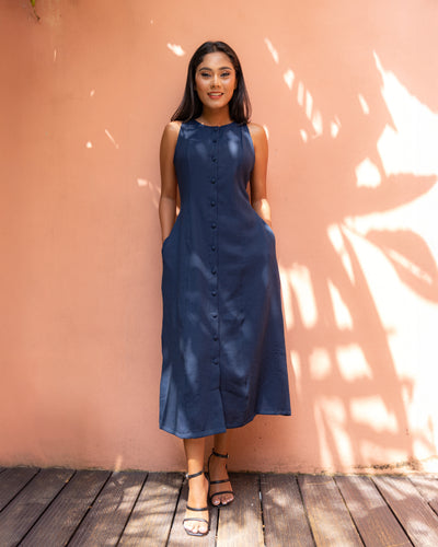 Aheli Cotton Button Down Dress - Navy Blue