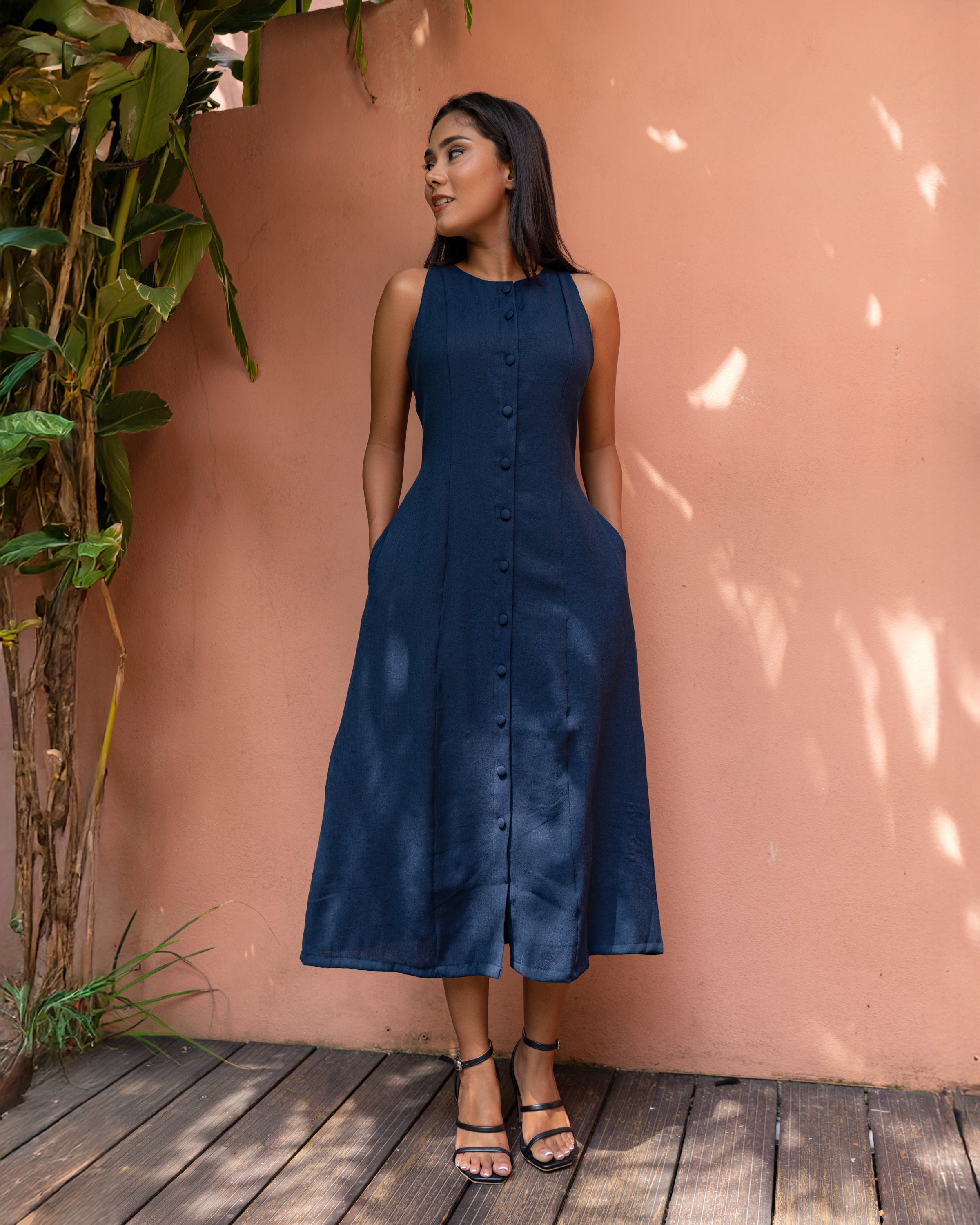 Aheli Cotton Button Down Dress - Navy Blue
