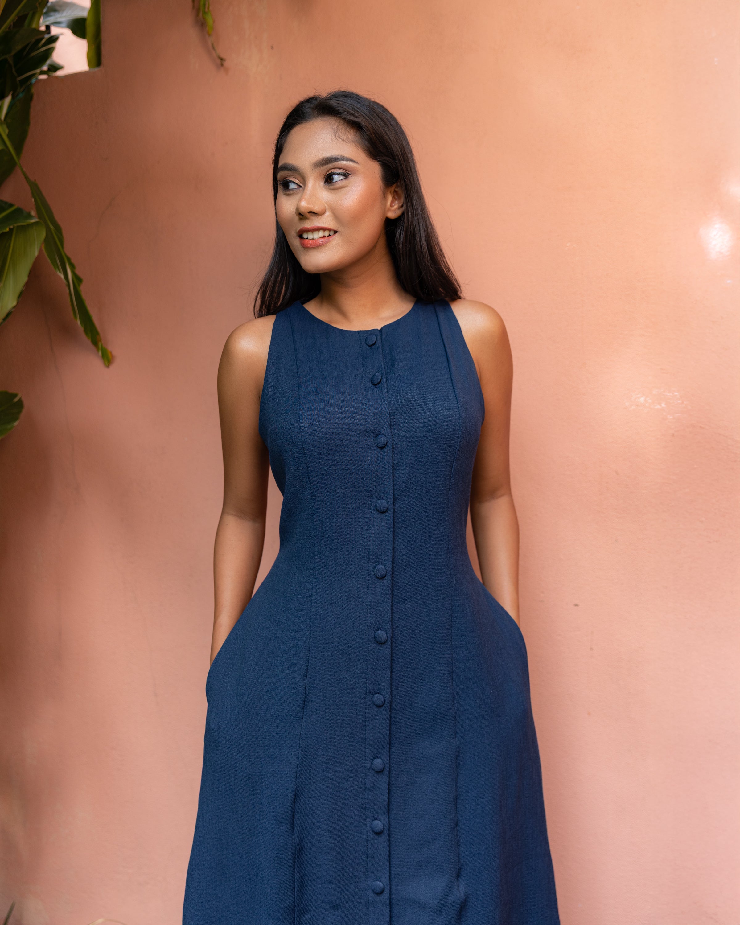 Aheli Cotton Button Down Dress - Navy Blue