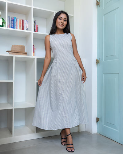 Nitya Linen Striped Detailed Midi Dress- Blue and White