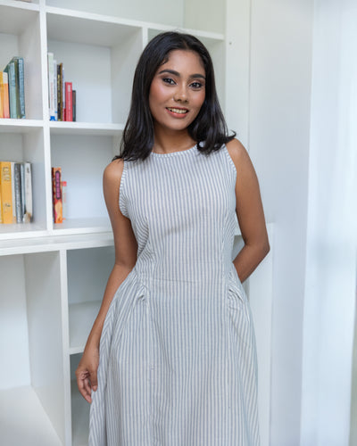 Nitya Linen Striped Detailed Midi Dress- Blue and White