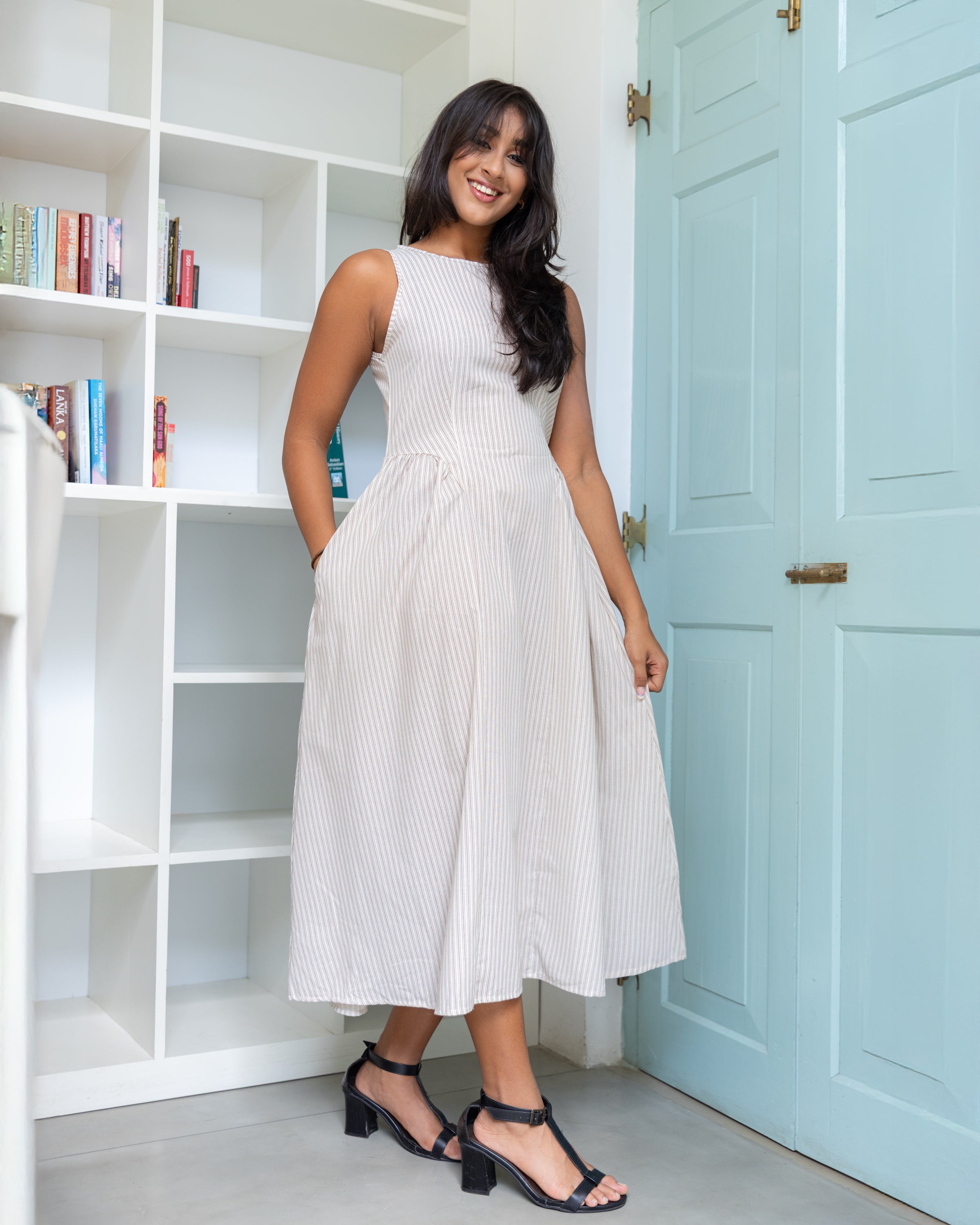 Nitya Linen Striped Detailed Midi Dress- Beige and White