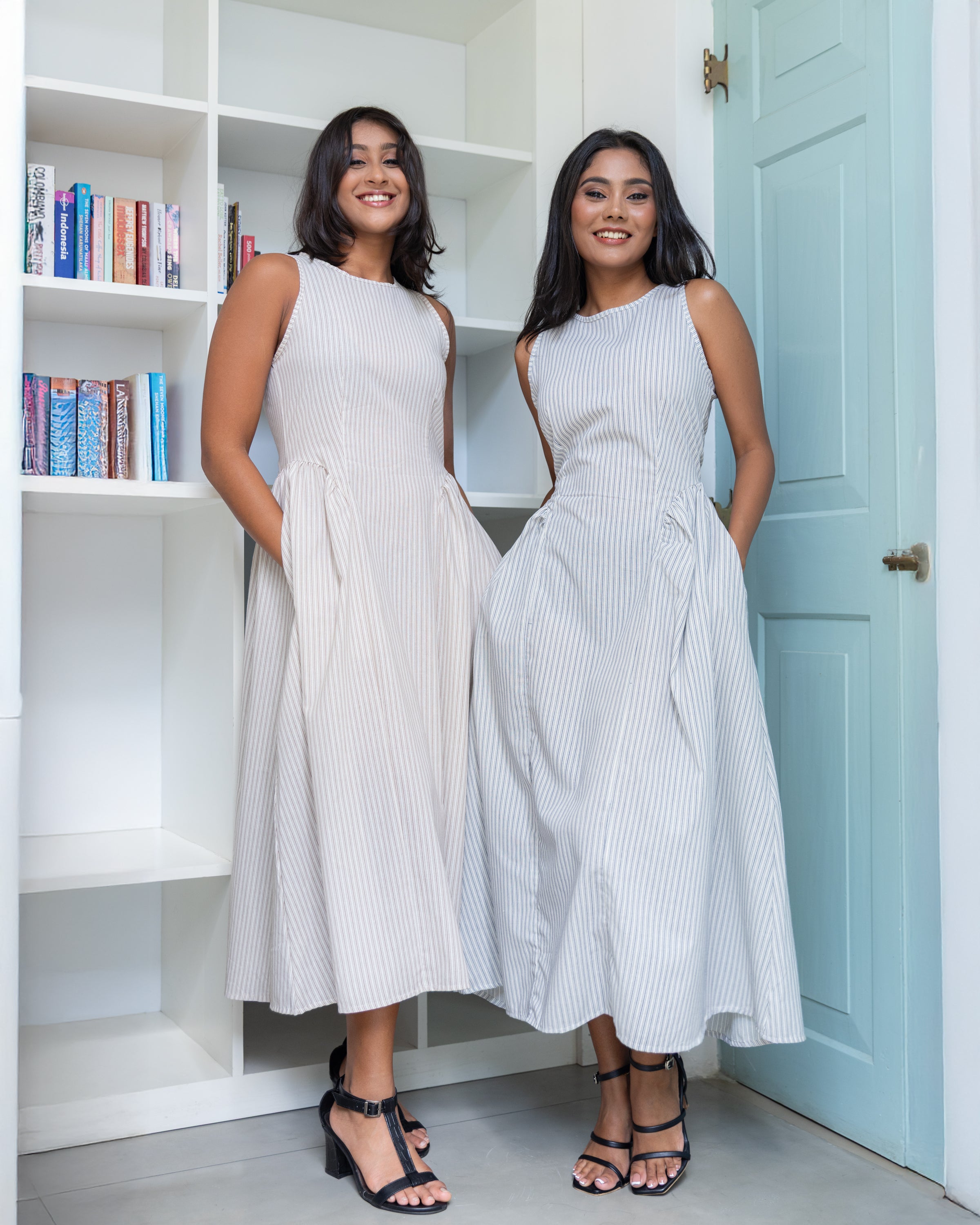 Nitya Linen Striped Detailed Midi Dress- Blue and White