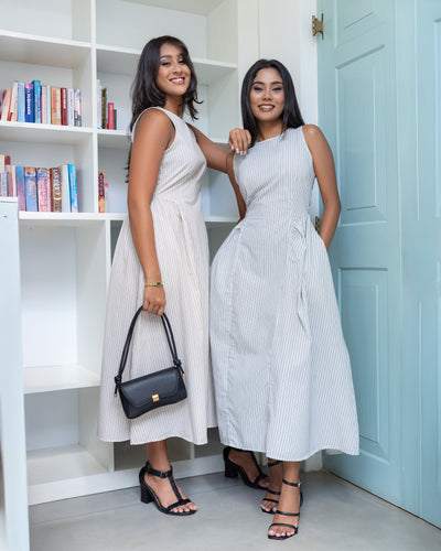 Nitya Linen Striped Detailed Midi Dress- Blue and White