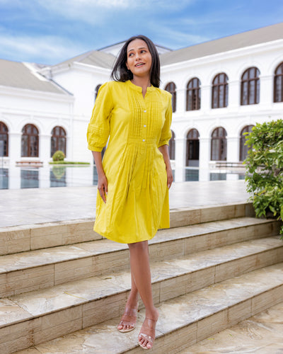 Vera Pintuck Shirt Dress -Yellow