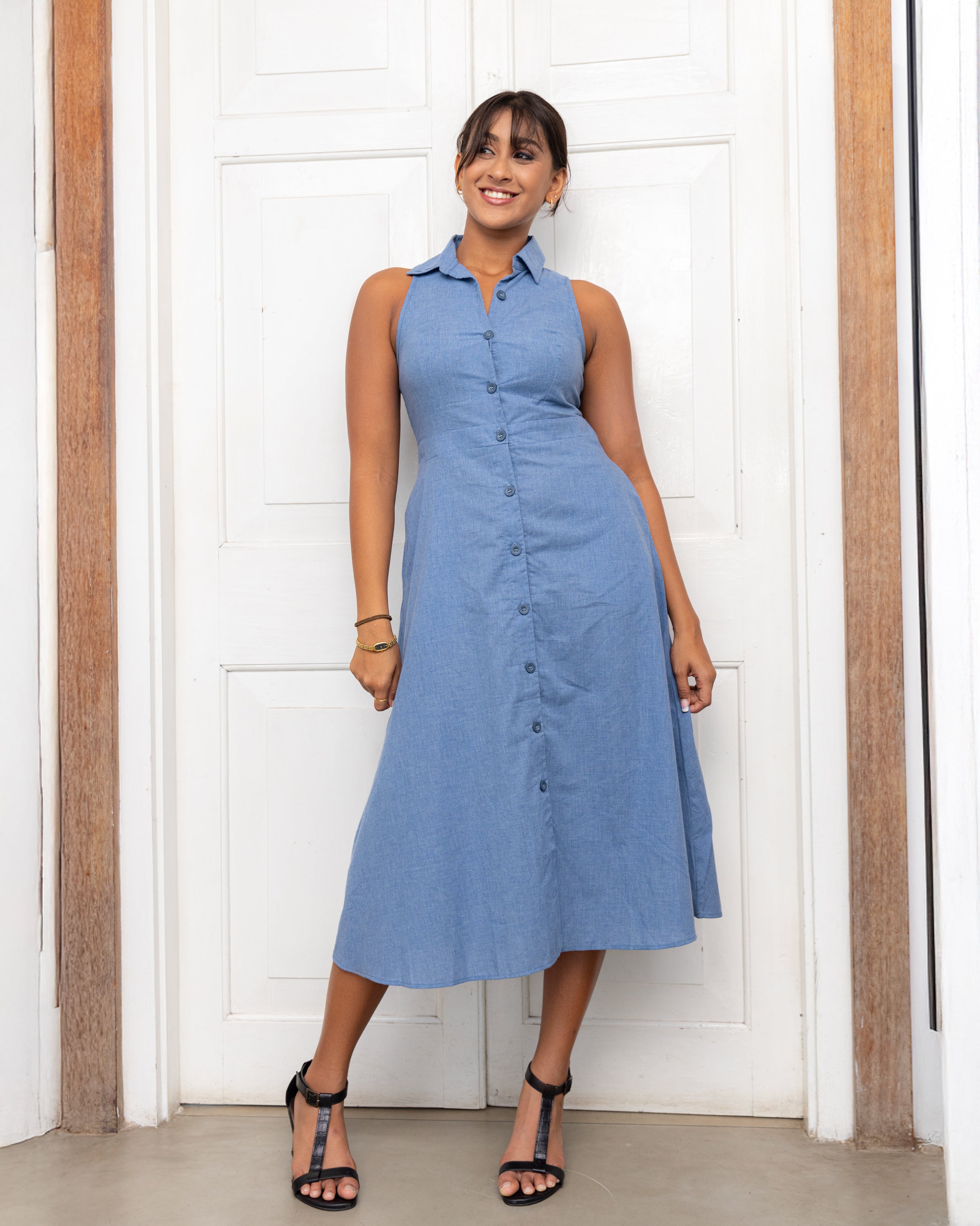 Penny Button down Midi Dress Soft Denim - Blue