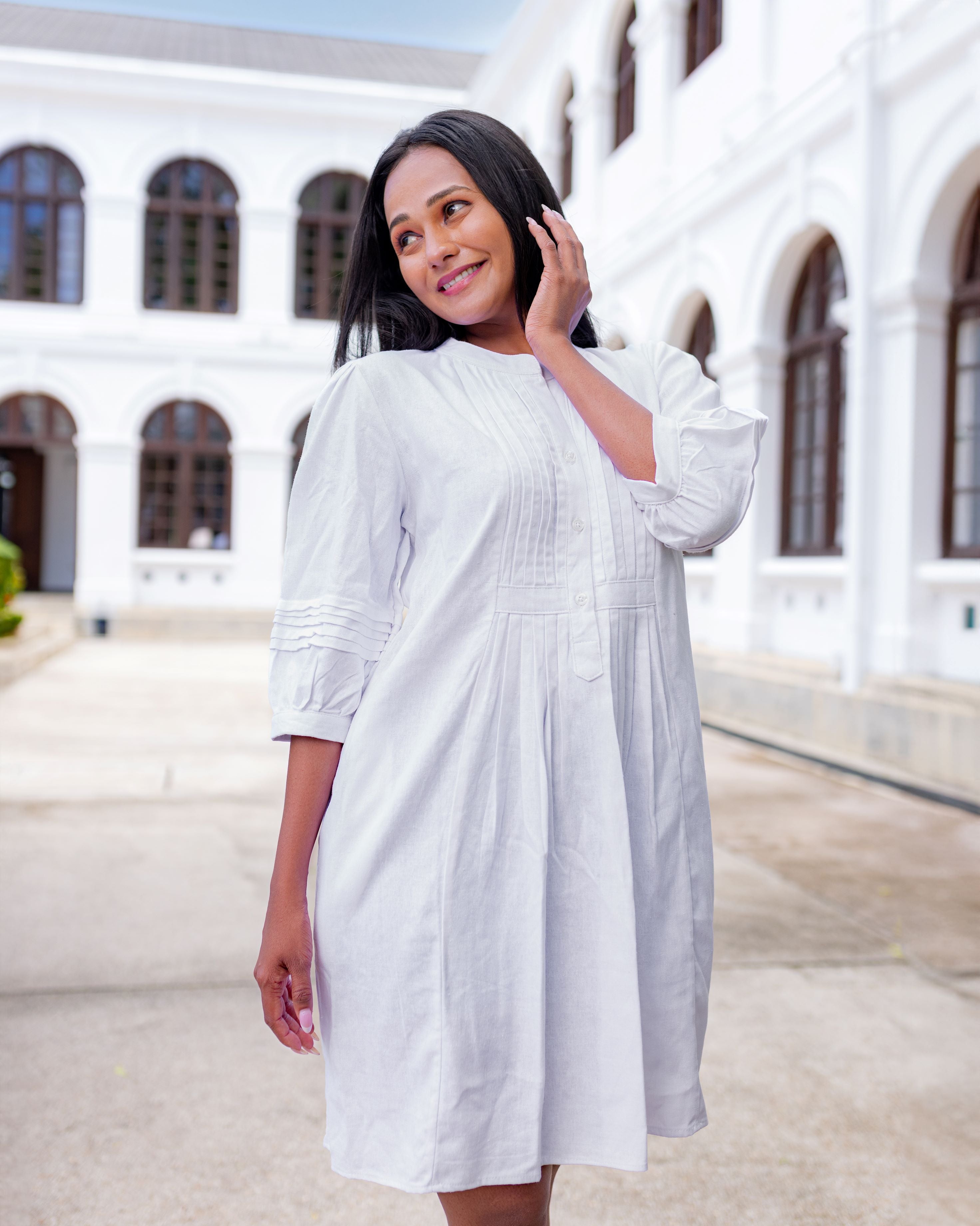 Vera Pintuck Shirt Dress -White