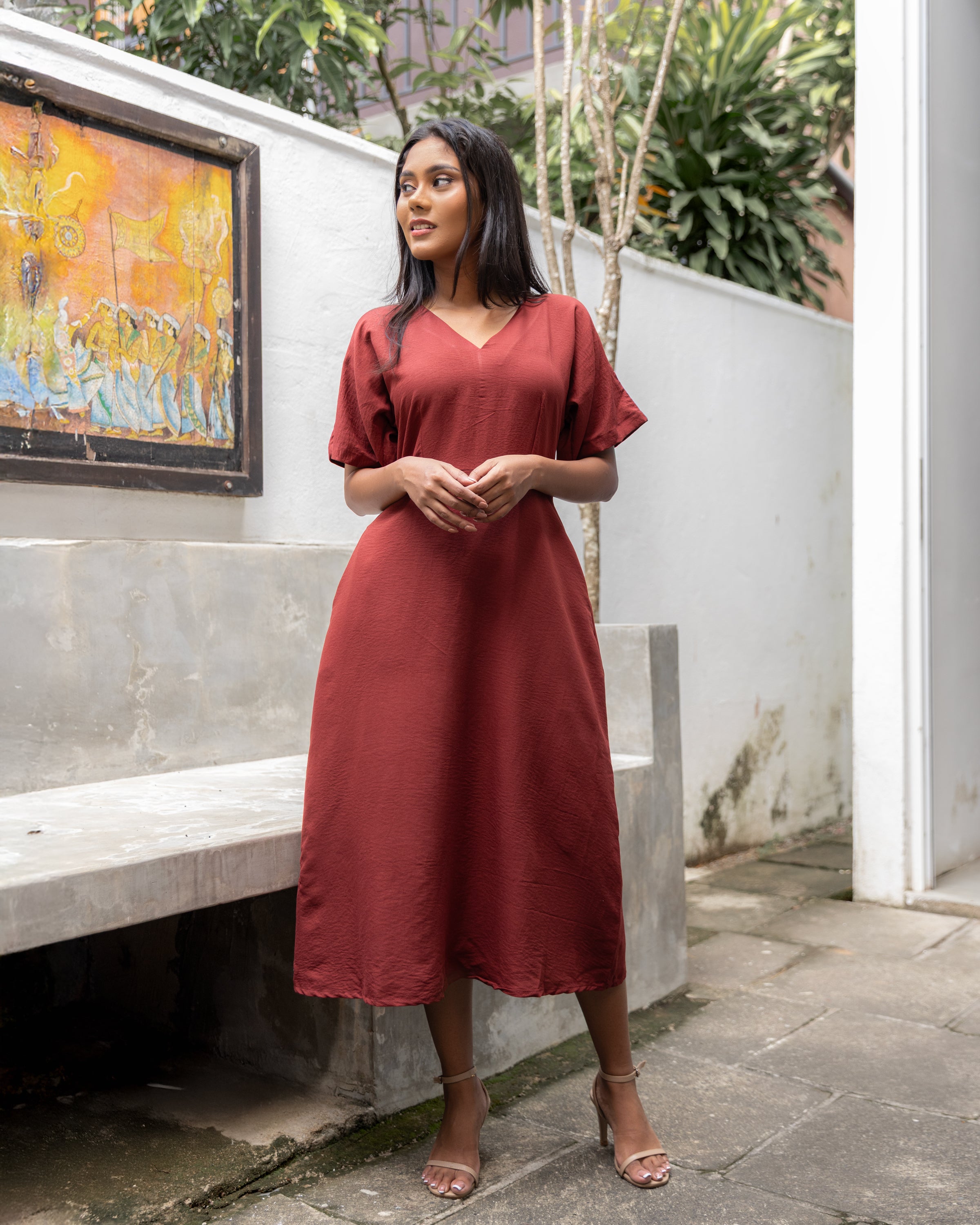 Tahani Cotton Midi Dress- Brick Red