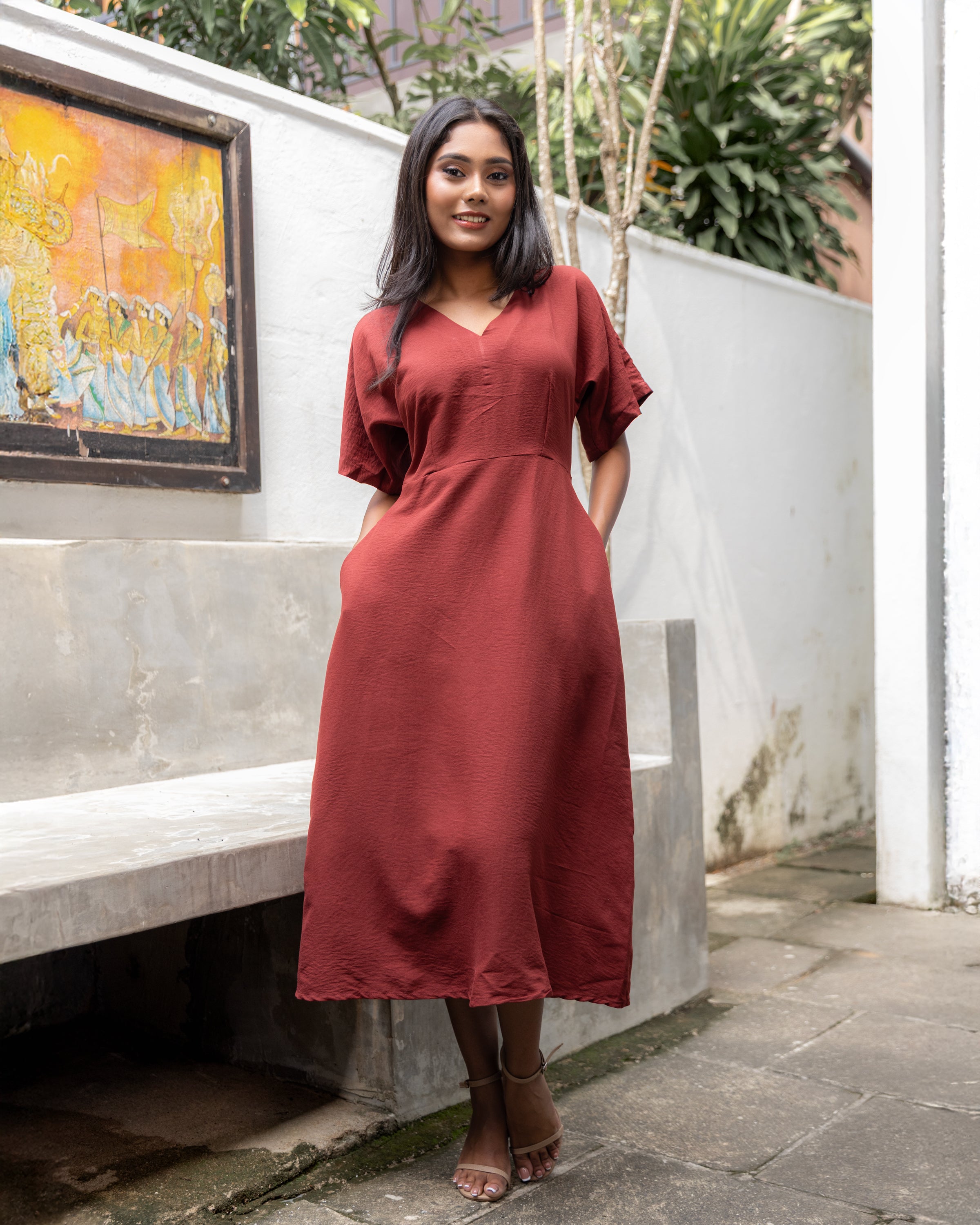 Tahani Cotton Midi Dress- Brick Red