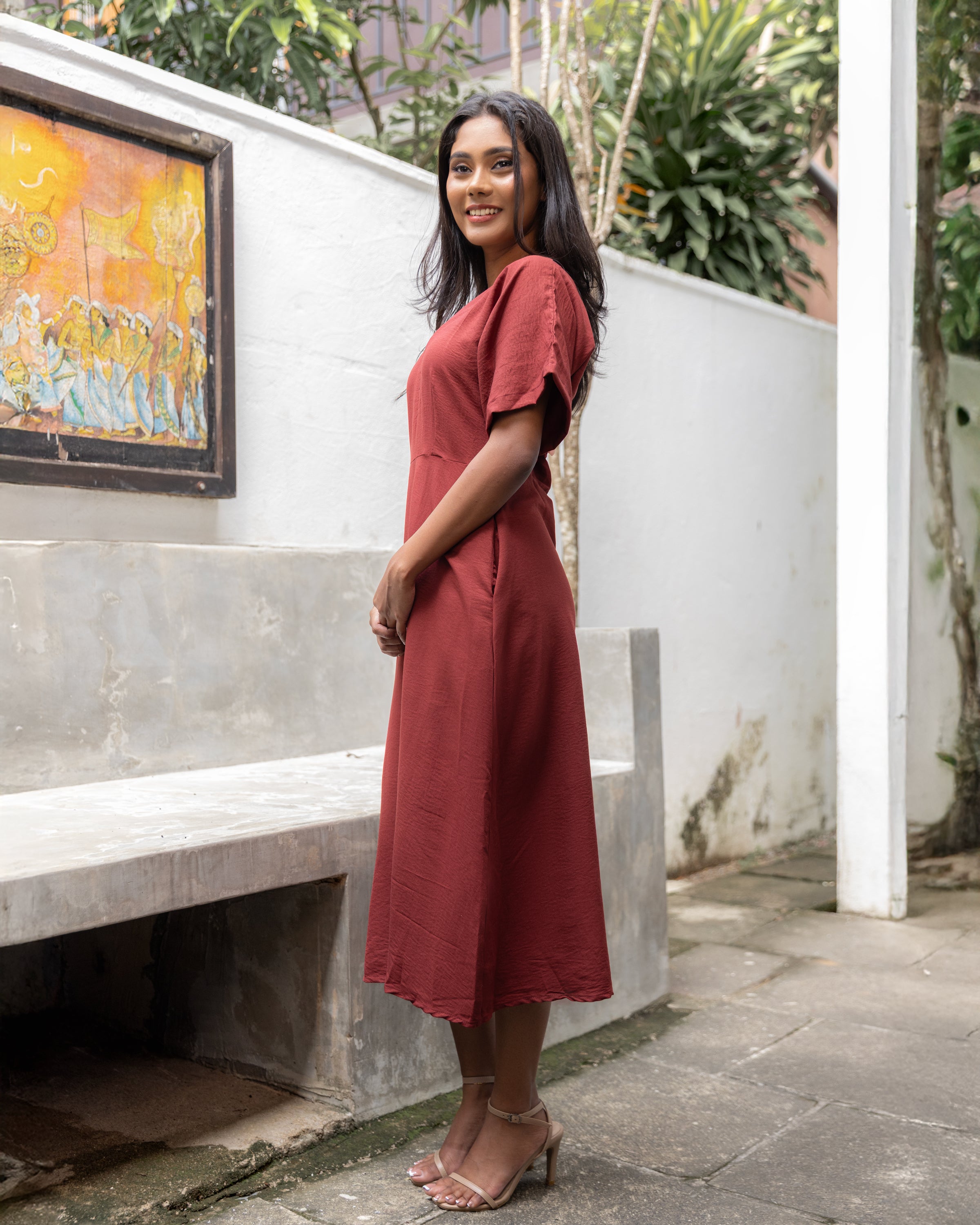 Tahani Cotton Midi Dress- Brick Red
