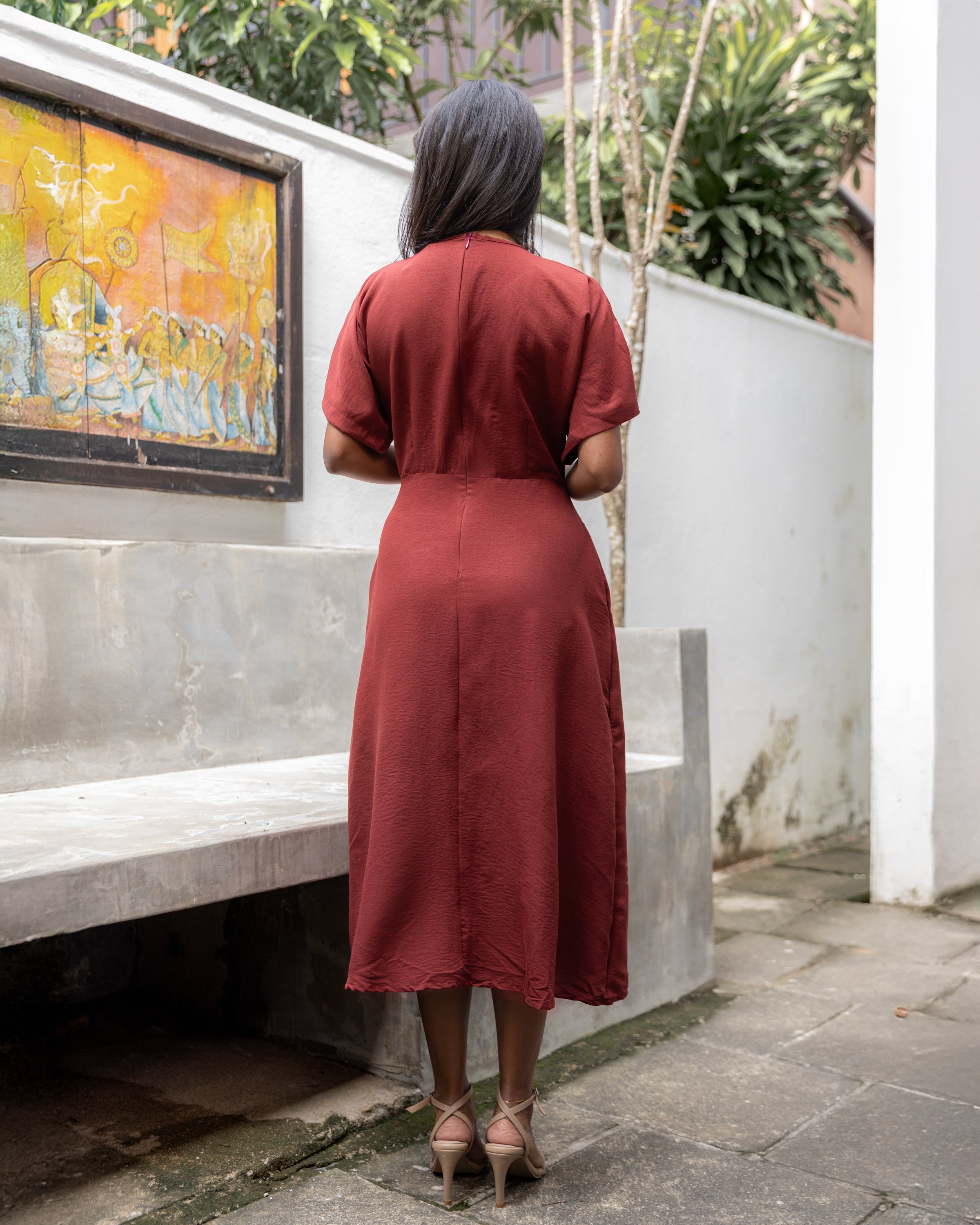 Tahani Cotton Midi Dress- Brick Red