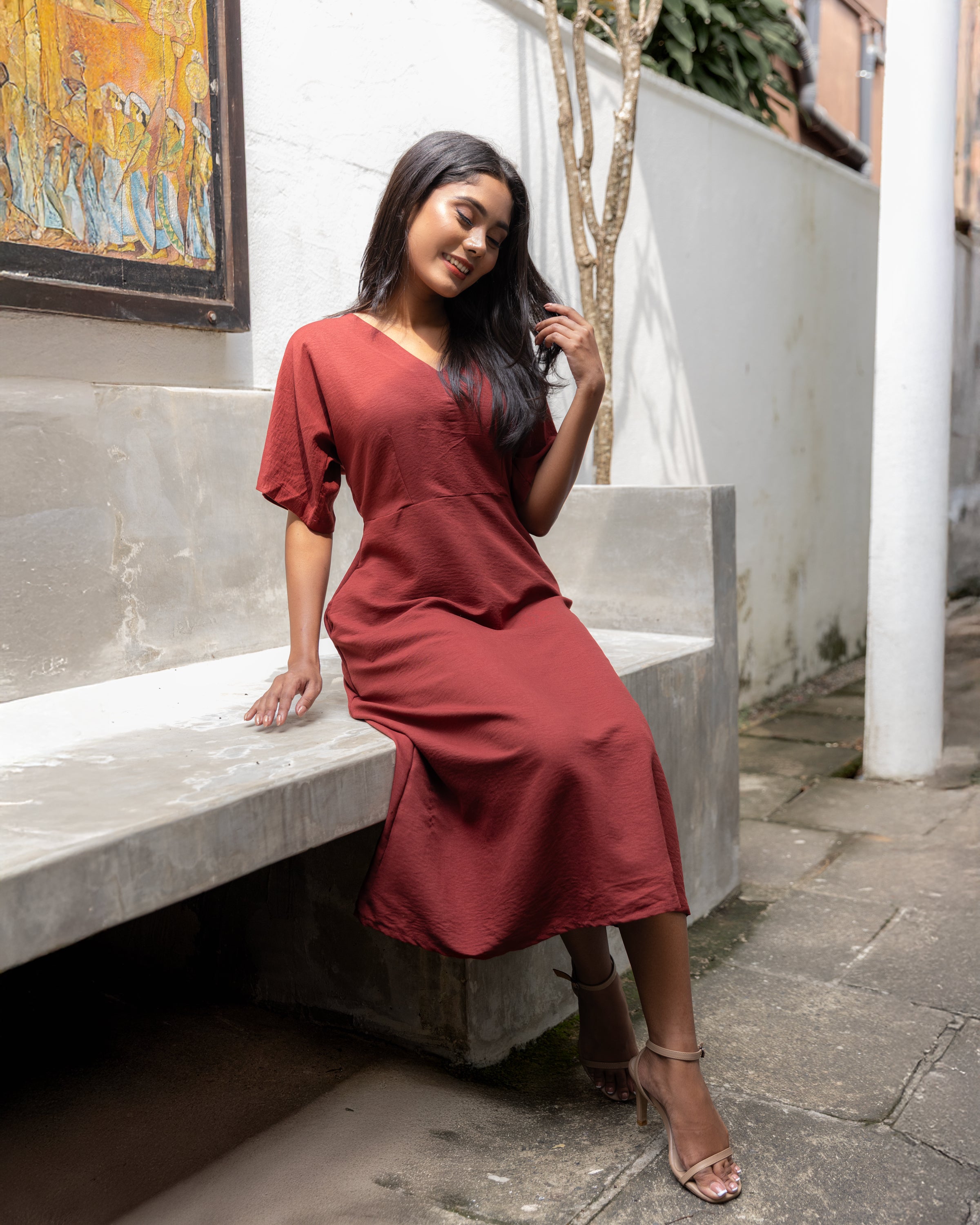 Tahani Cotton Midi Dress- Brick Red