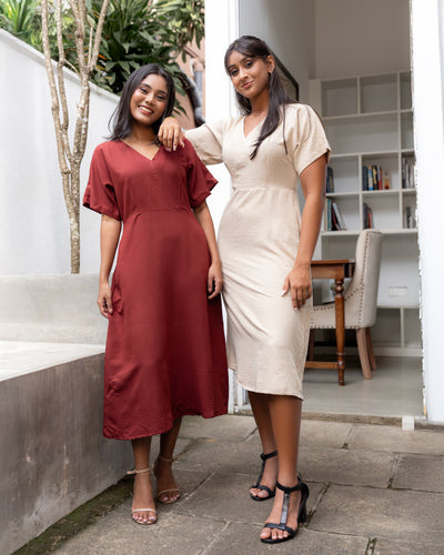 Tahani Cotton Midi Dress- Nude Beige