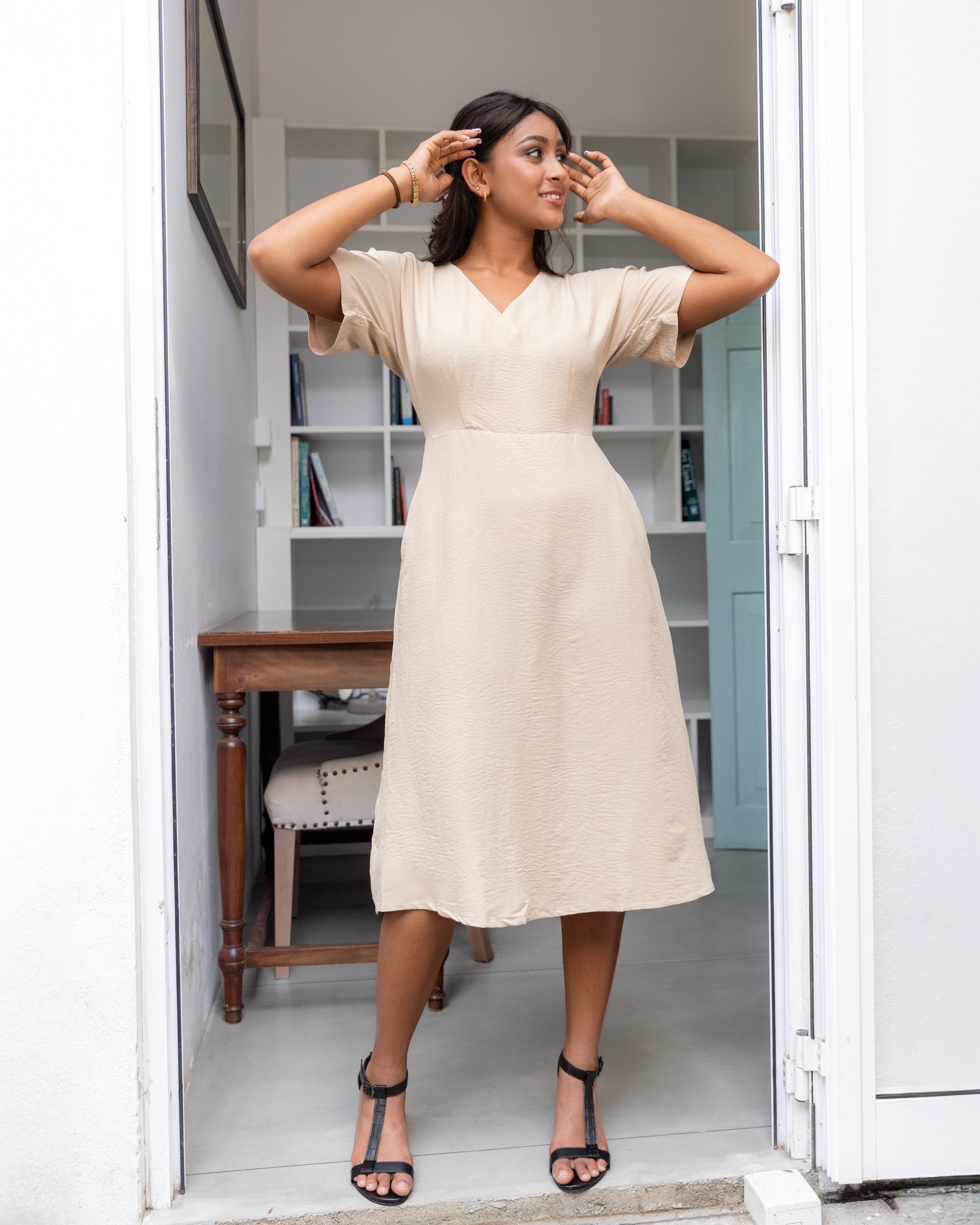 Tahani Cotton Midi Dress- Nude Beige