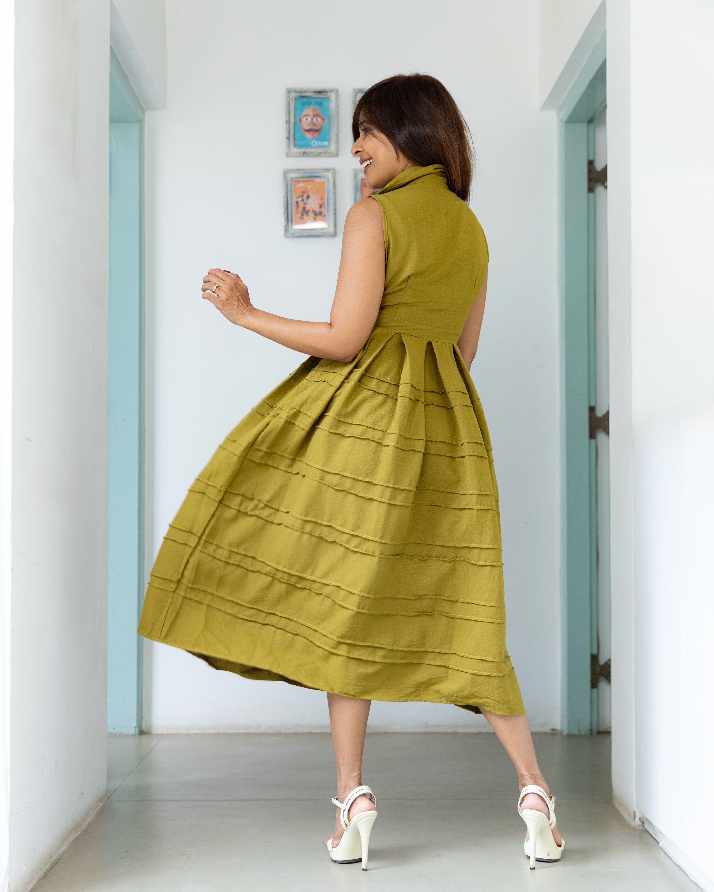 Georgia Pintuk Detail Midi Dress - Olive Green