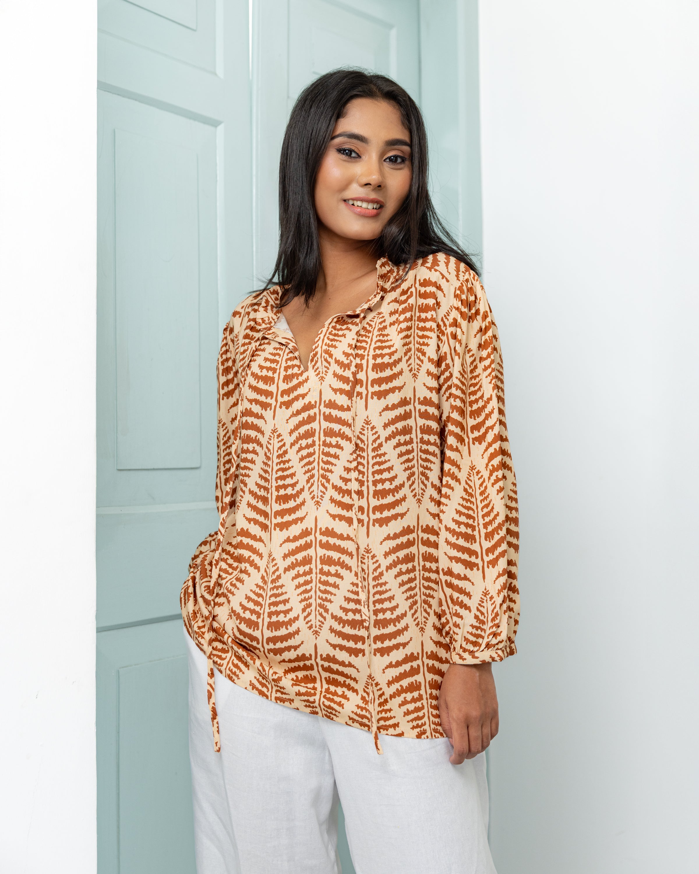 Shonali Cotton Printed Top- Brown