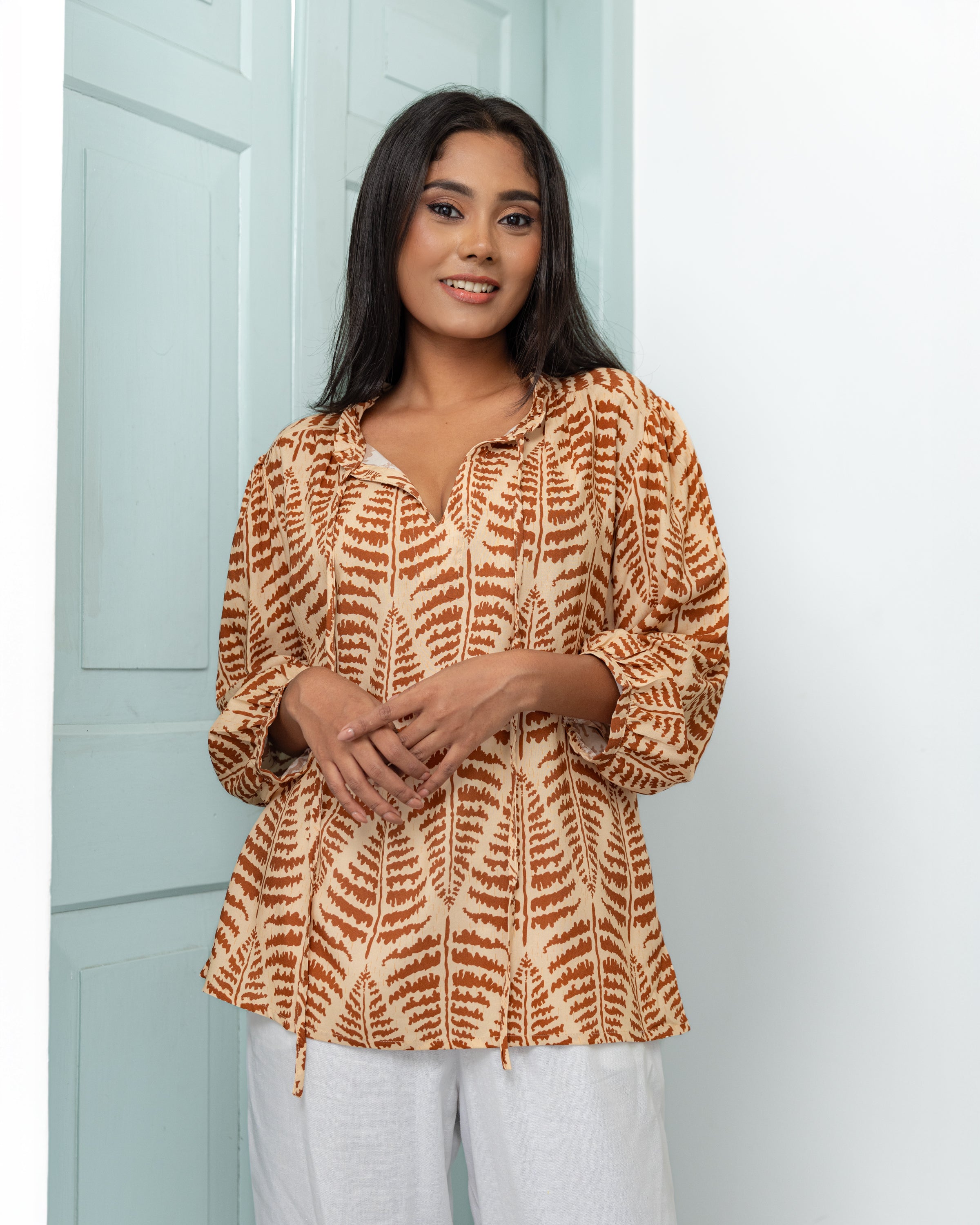 Shonali Cotton Printed Top- Brown