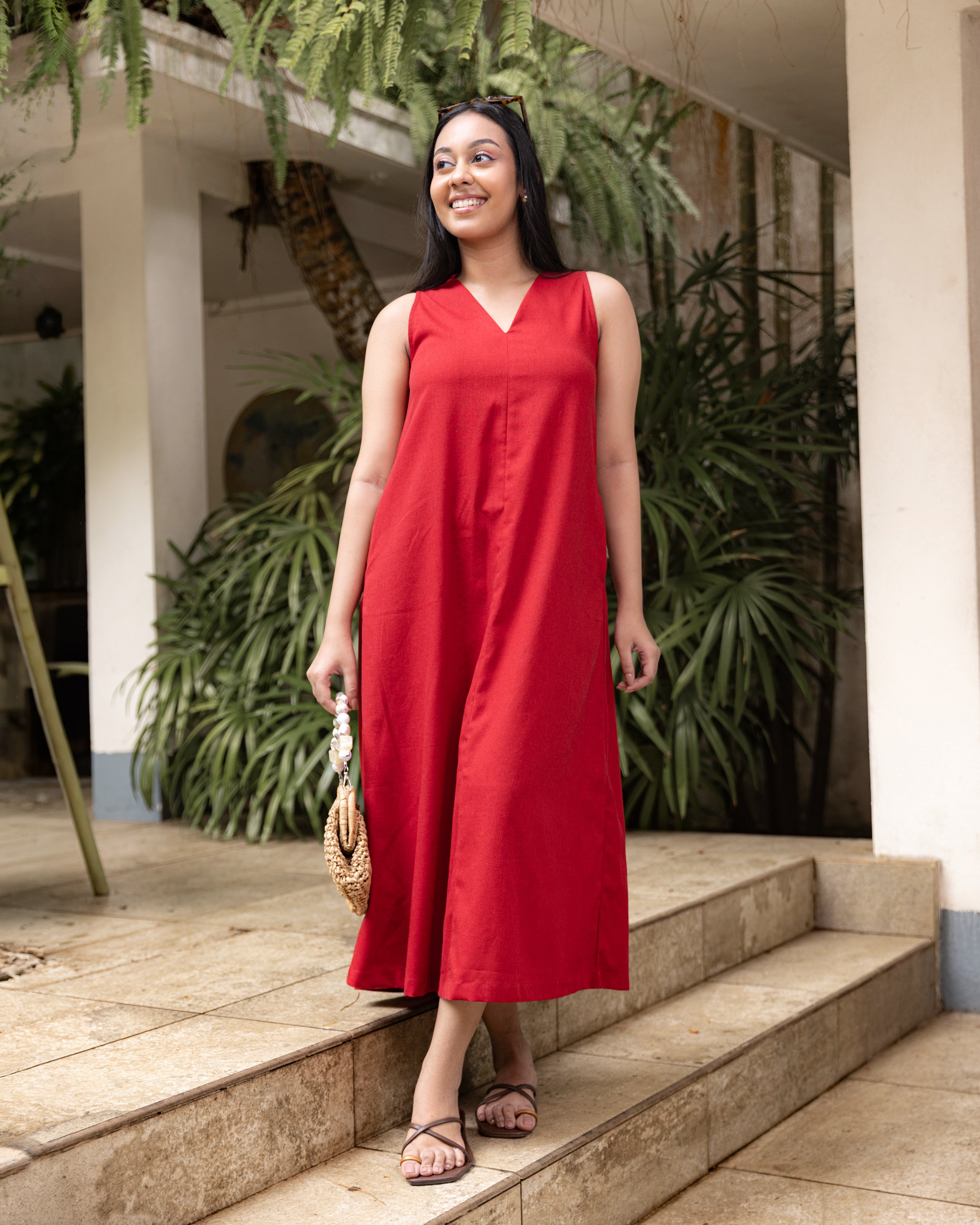 Cozy Breeze Linen Shift Maxi Dress - Red