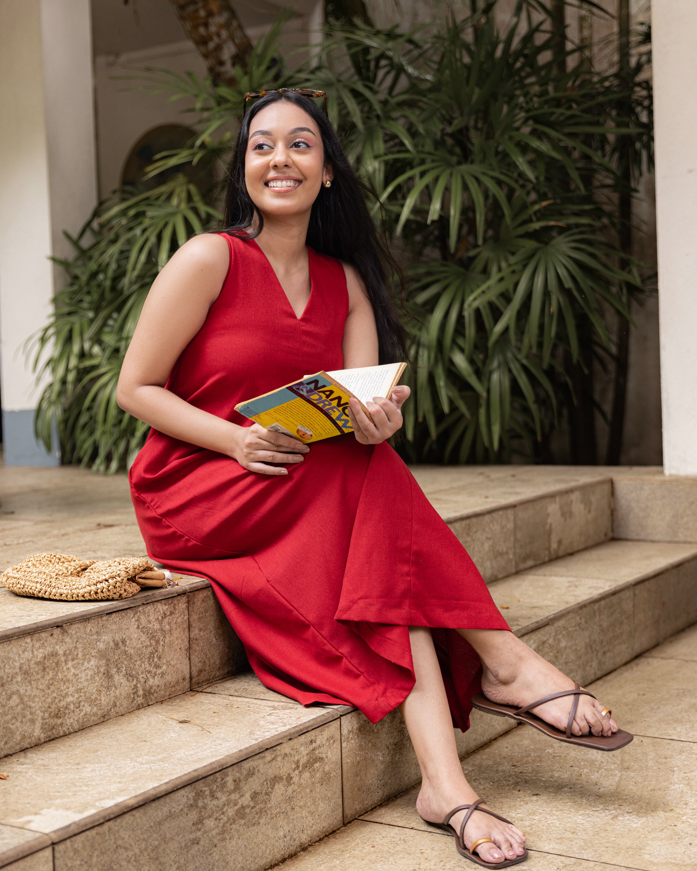 Cozy Breeze Linen Shift Maxi Dress - Red