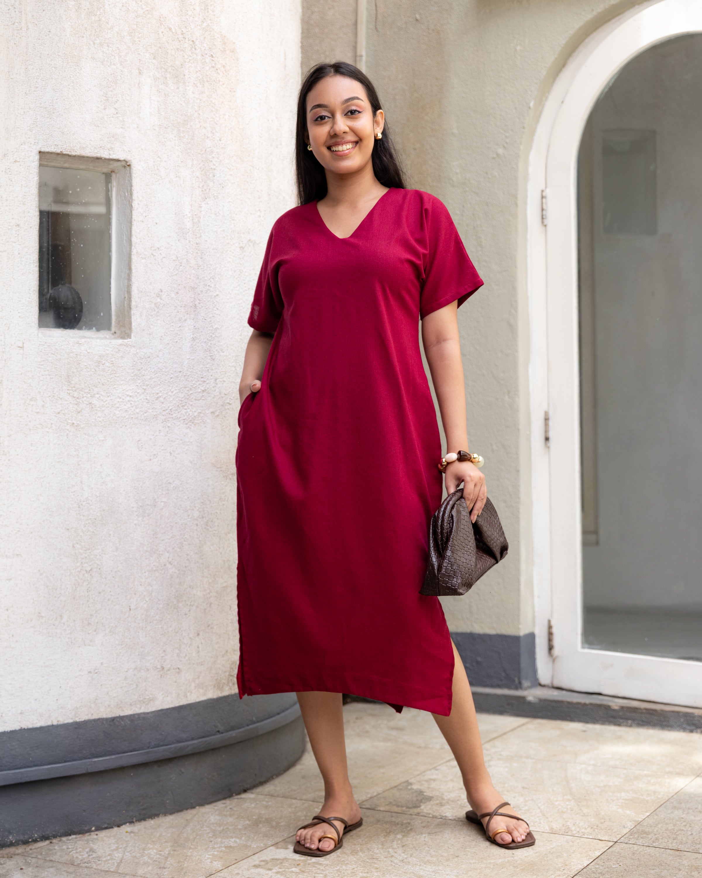 Divinely Linen Shift Dress - Burgendy
