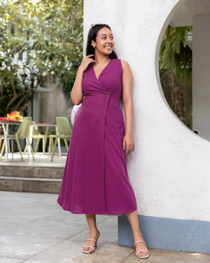 Melisa Linen Wraparound Midi Dress- Magenta JoeY Clothing Melisa Linen Wraparound Midi Dress- Magenta JoeY Clothing