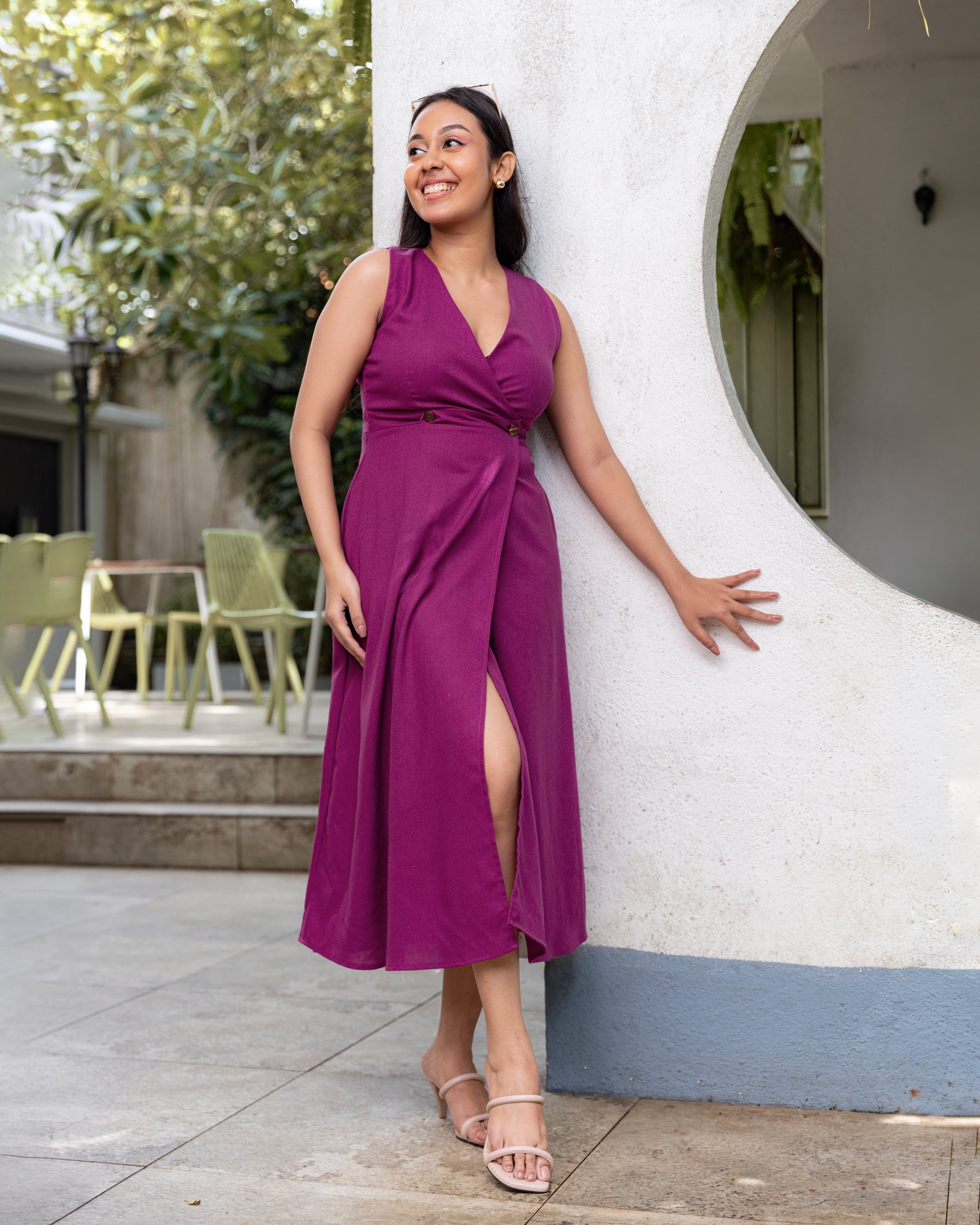 Melisa Linen Wraparound Midi Dress-Magenta Melisa Linen Wraparound Midi Dress-Magenta