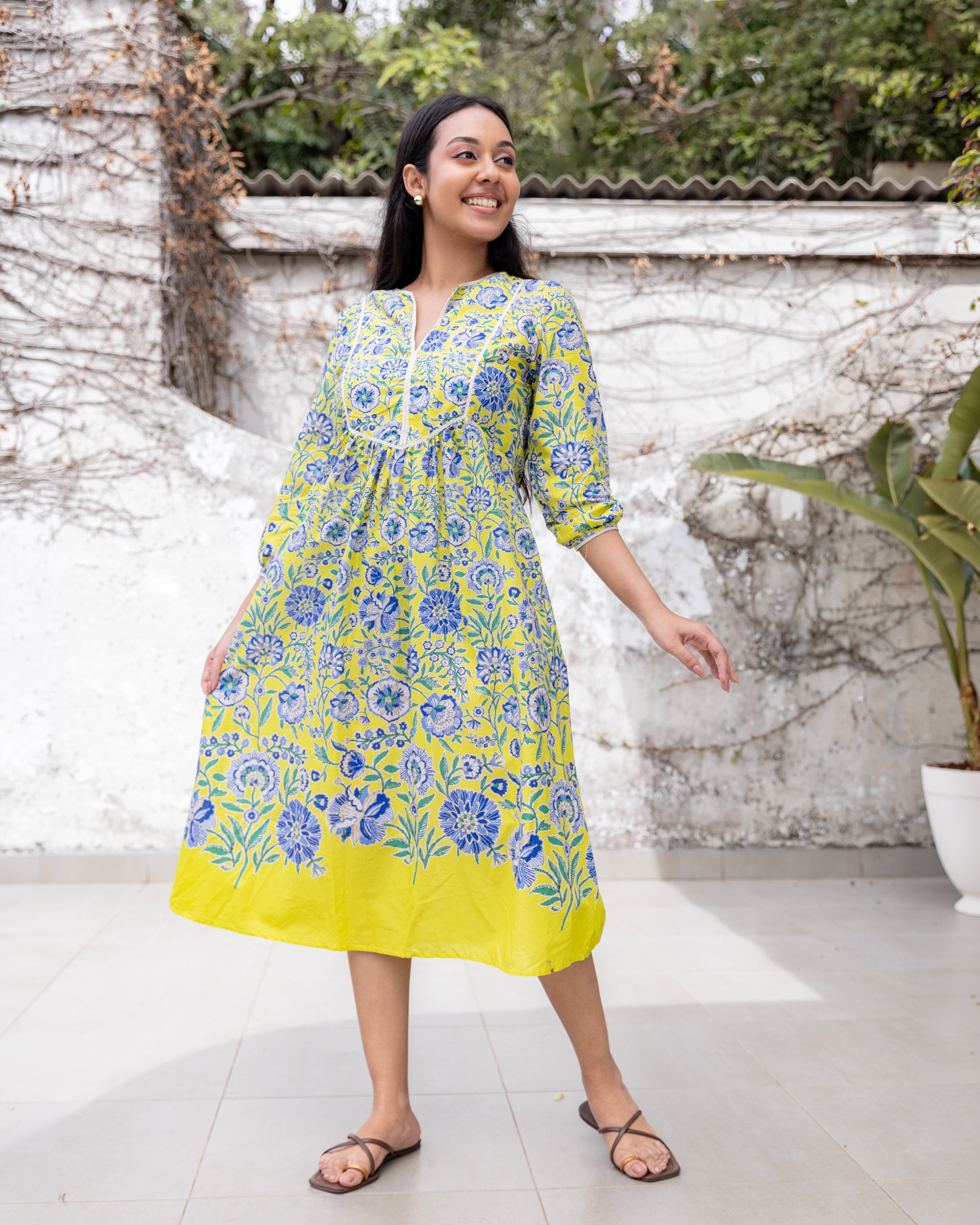 Soniya Kurtha Midi Dress - Yellow Printed