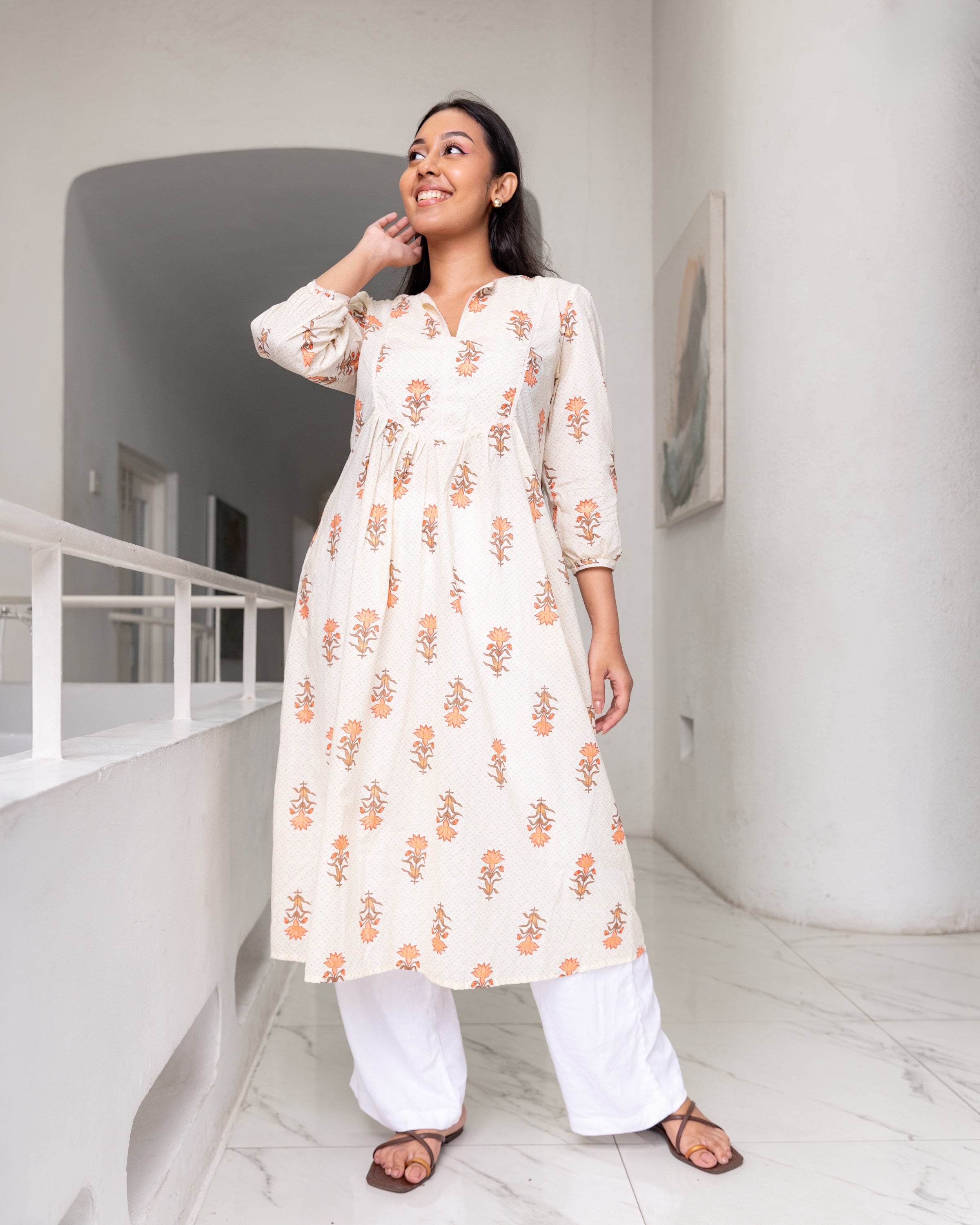 Soniya Kurtha Midi Dress - Beige Printed