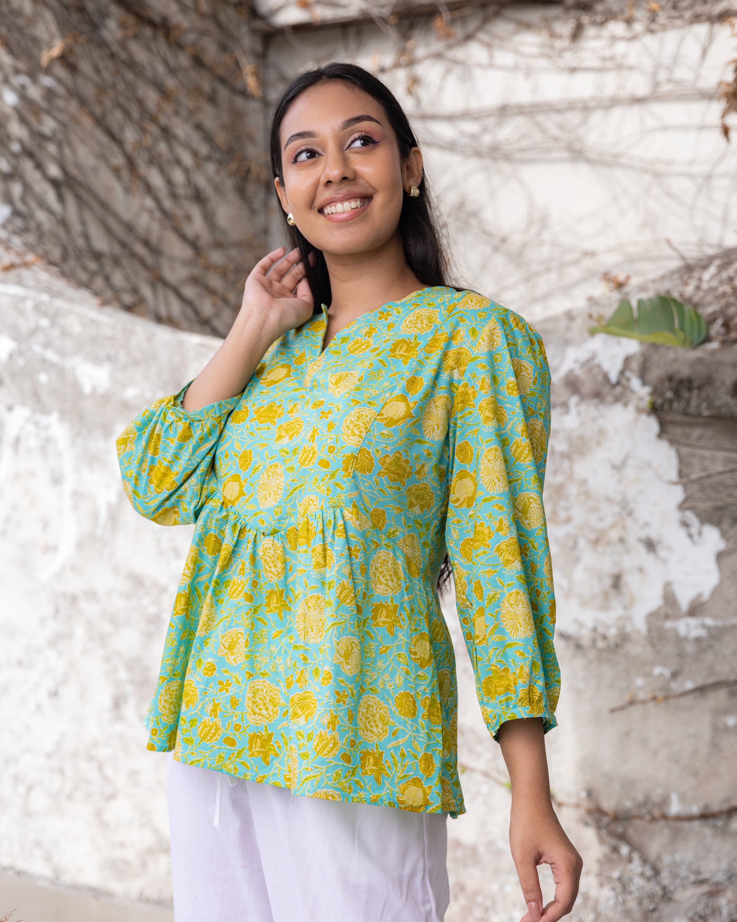 Ruhi Ethnic Printed Cotton Top - Green Printed