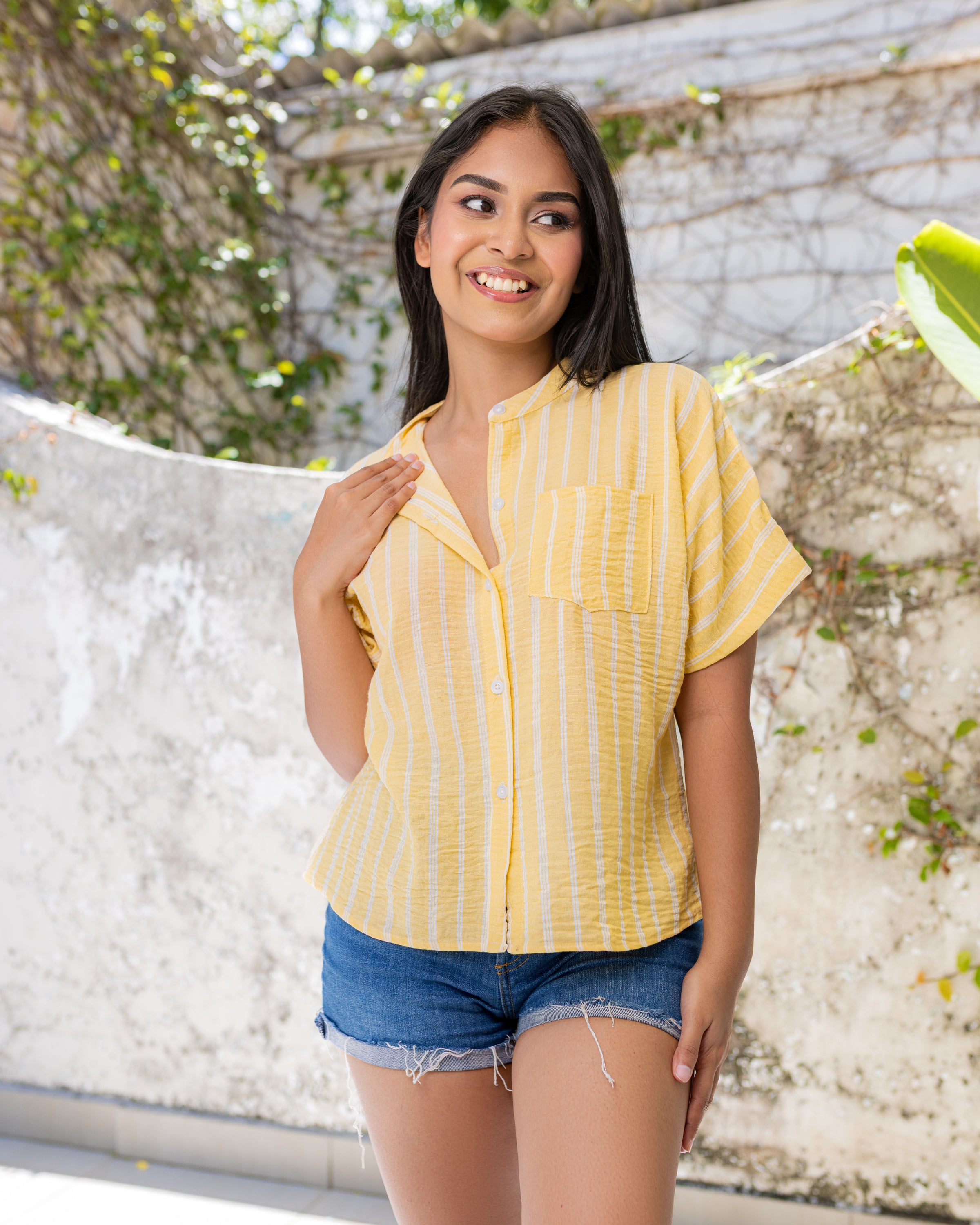 Jinny Oversized Buttondown Top- Yellow Stripe