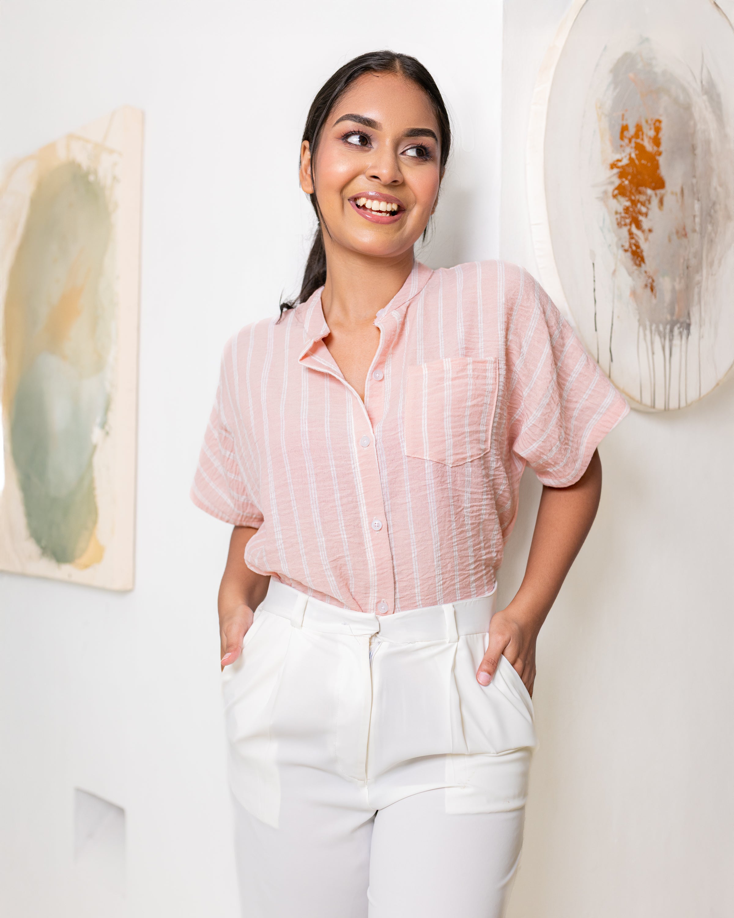 Jinny Oversized Buttondown Top- Pink Stripe