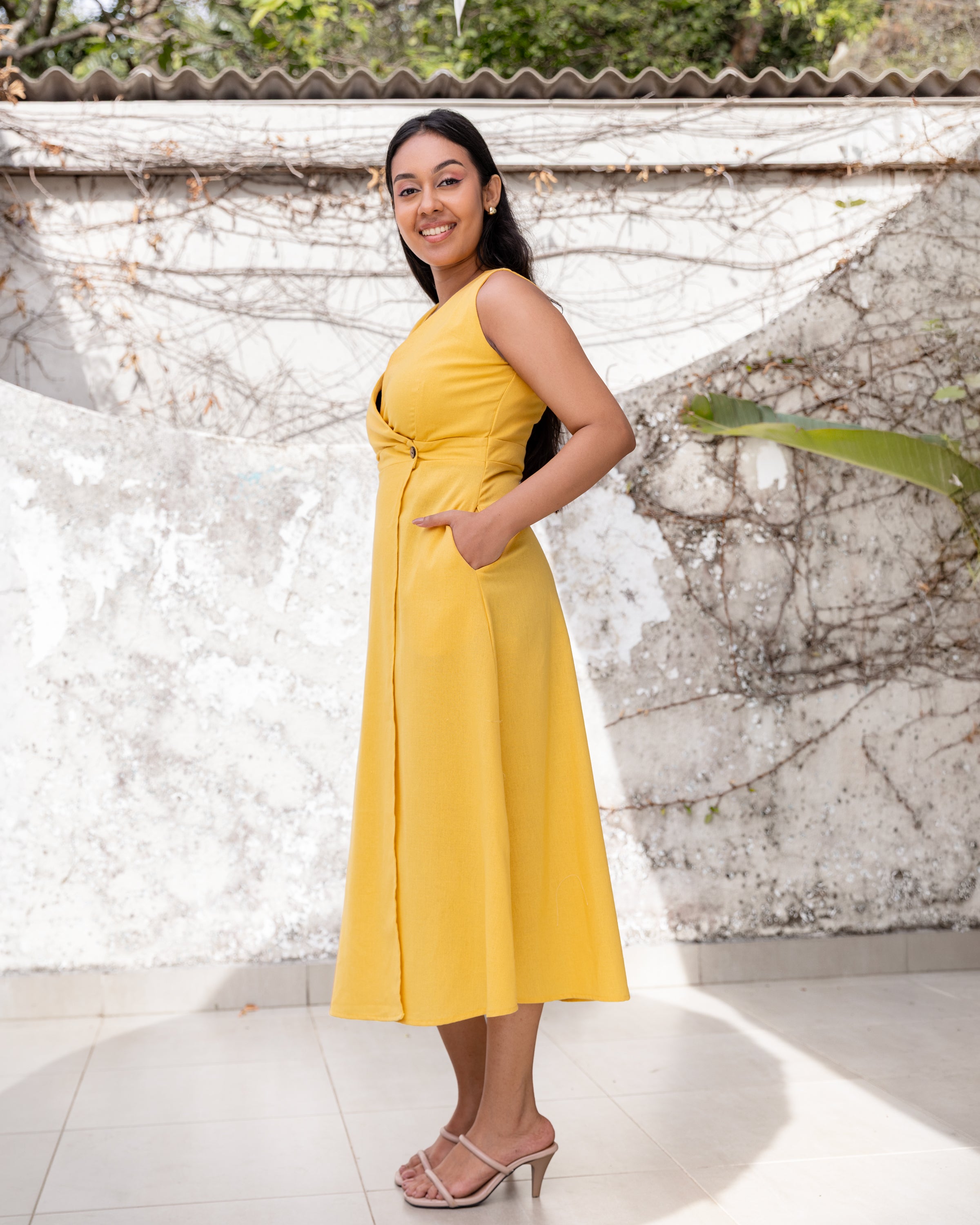 Melisa Linen Wraparound Midi Dress- Sunshine Yellow