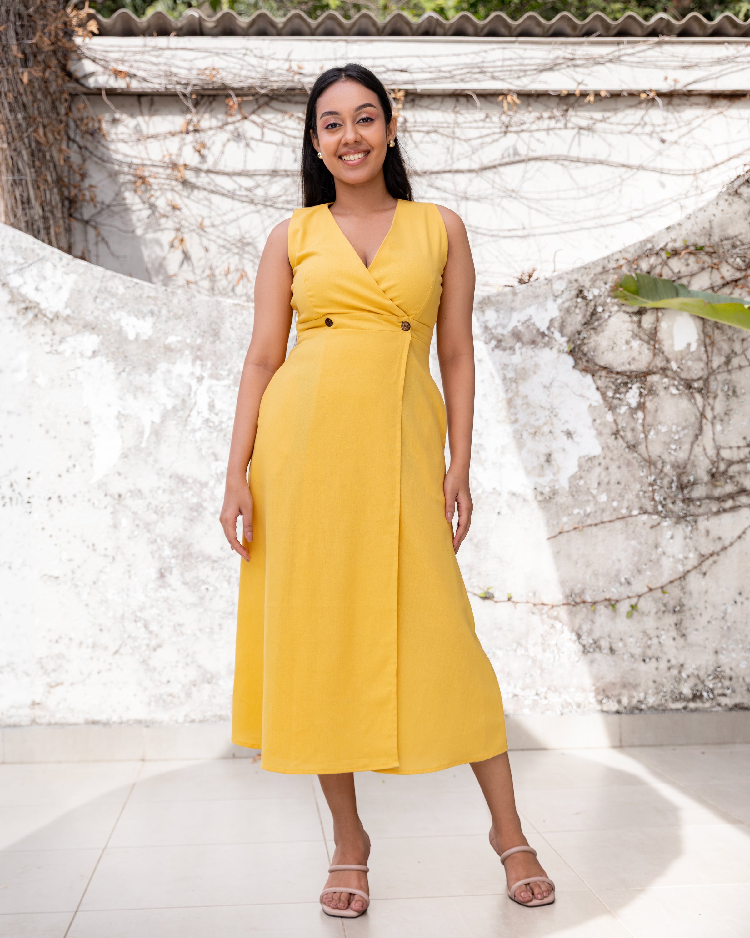 Melisa Linen Wraparound Midi Dress- Sunshine Yellow