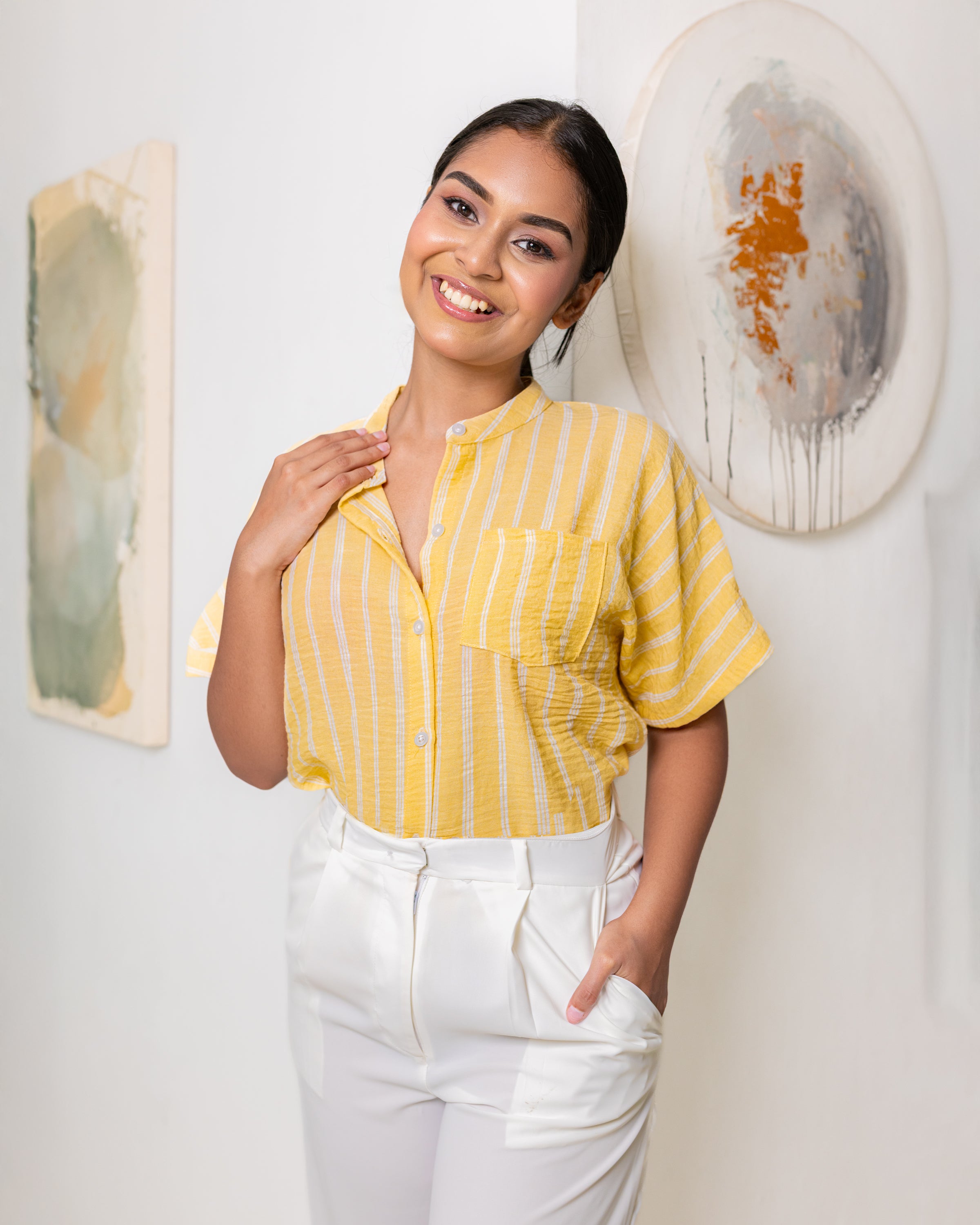 Jinny Oversized Buttondown Top- Yellow Stripe