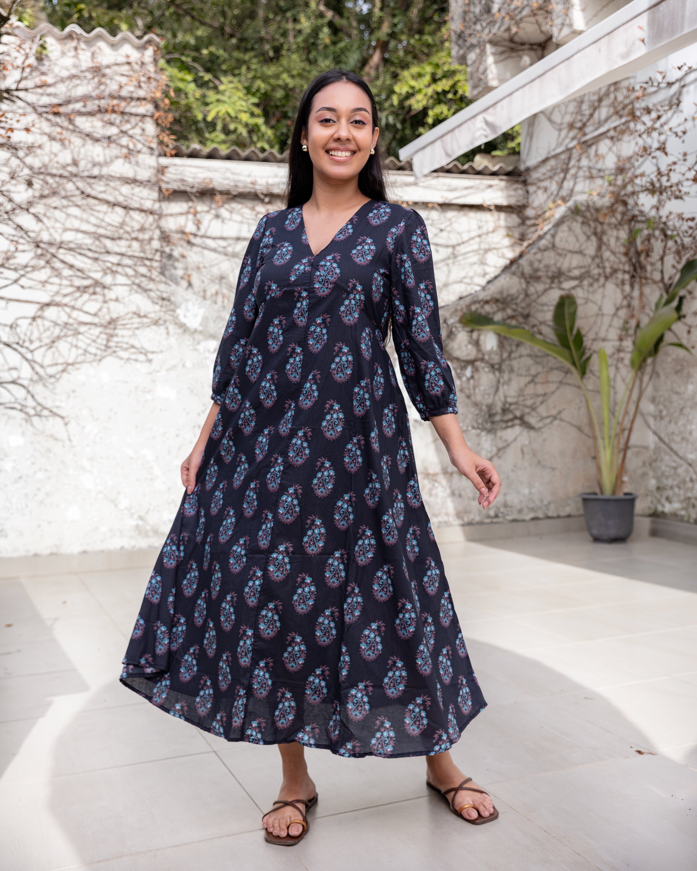 Aaliya Printed Ethnic Kurtha Dress - Black Printed