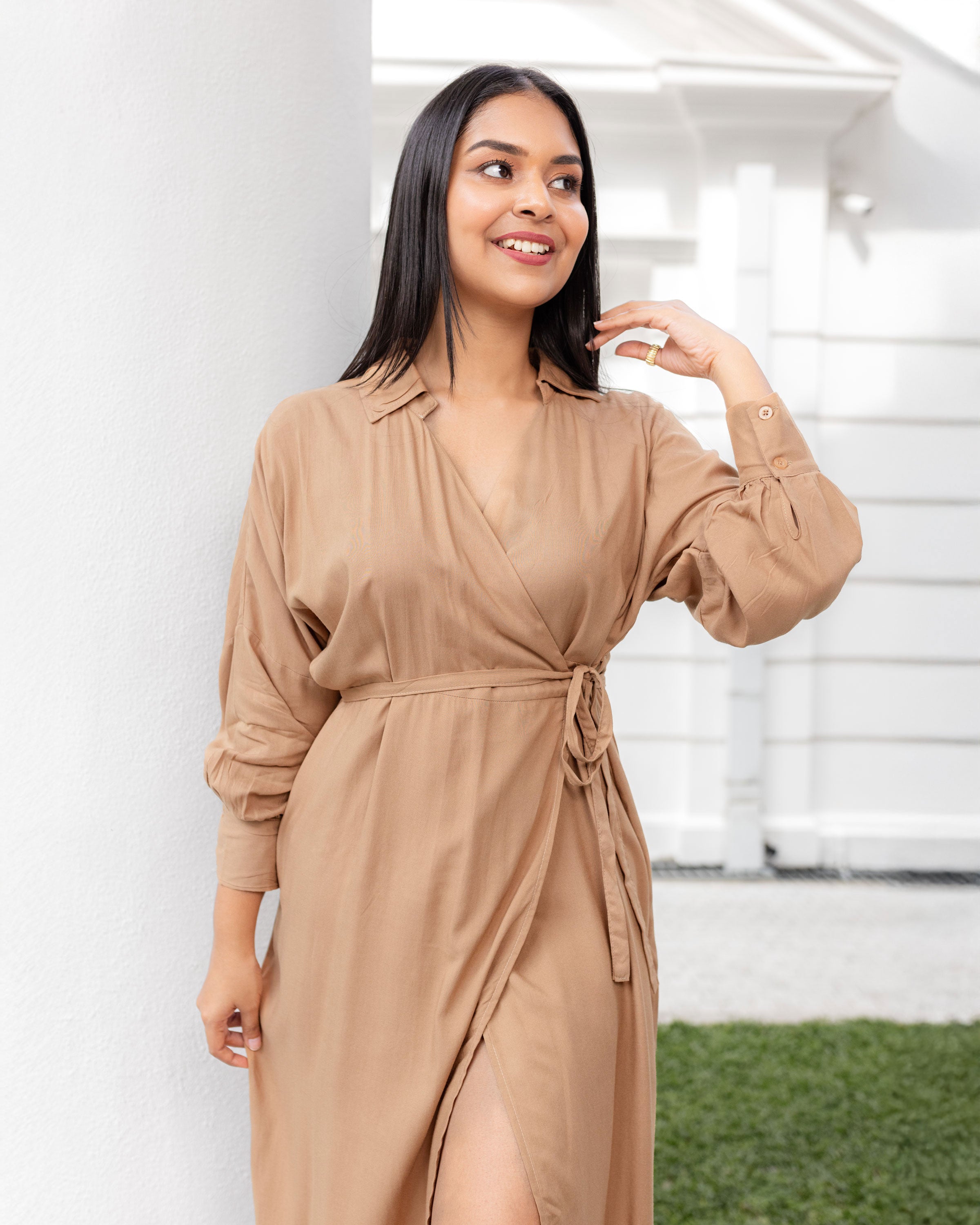 Stella Drop Shoulder Midi Wrap - Sand