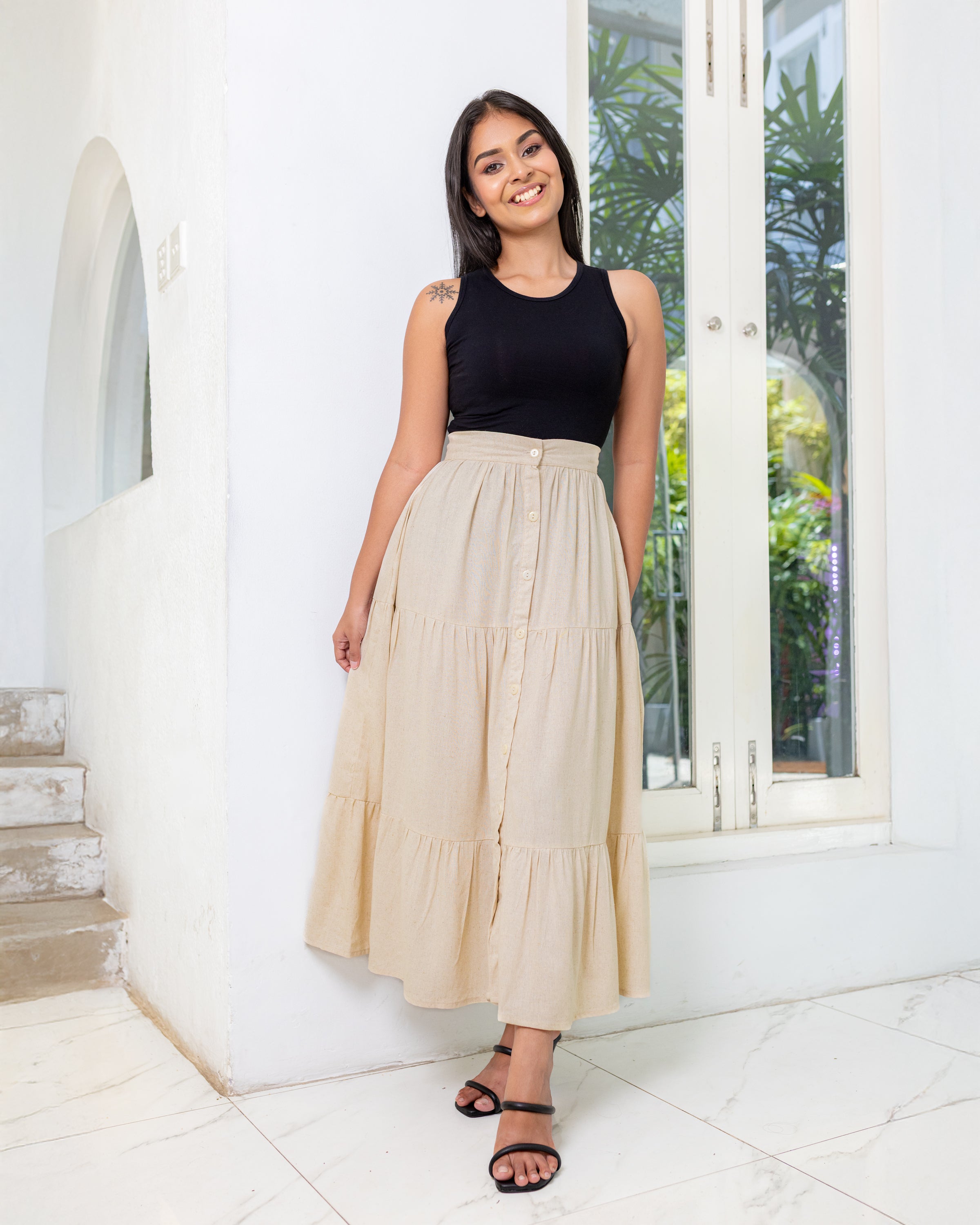 Dora Buttondown Maxi Skirt -Natural Linen Beige
