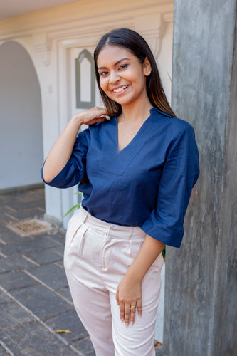 Pehesara linen blouse-Navy Blue