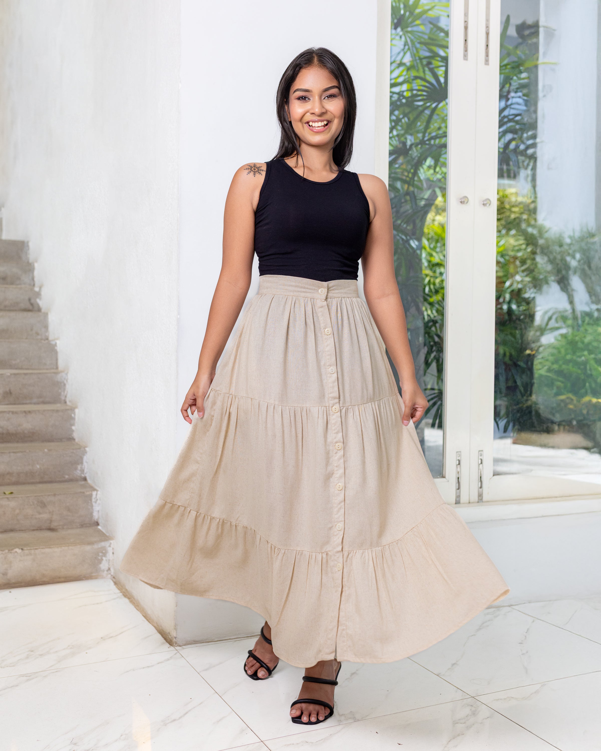 Dora Buttondown Maxi Skirt -Natural Linen Beige