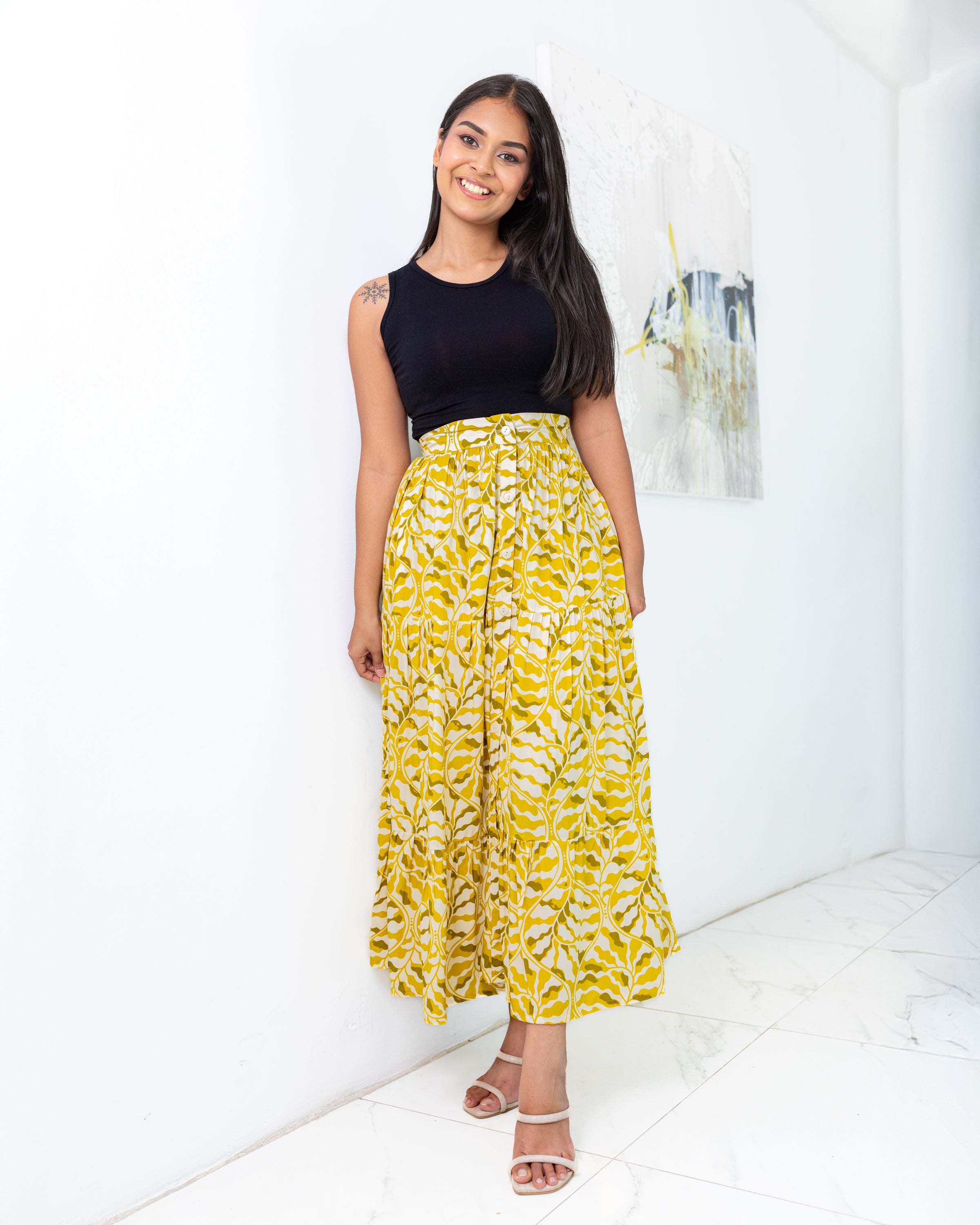 Dora Buttondown Maxi Skirt - Yellow Printed