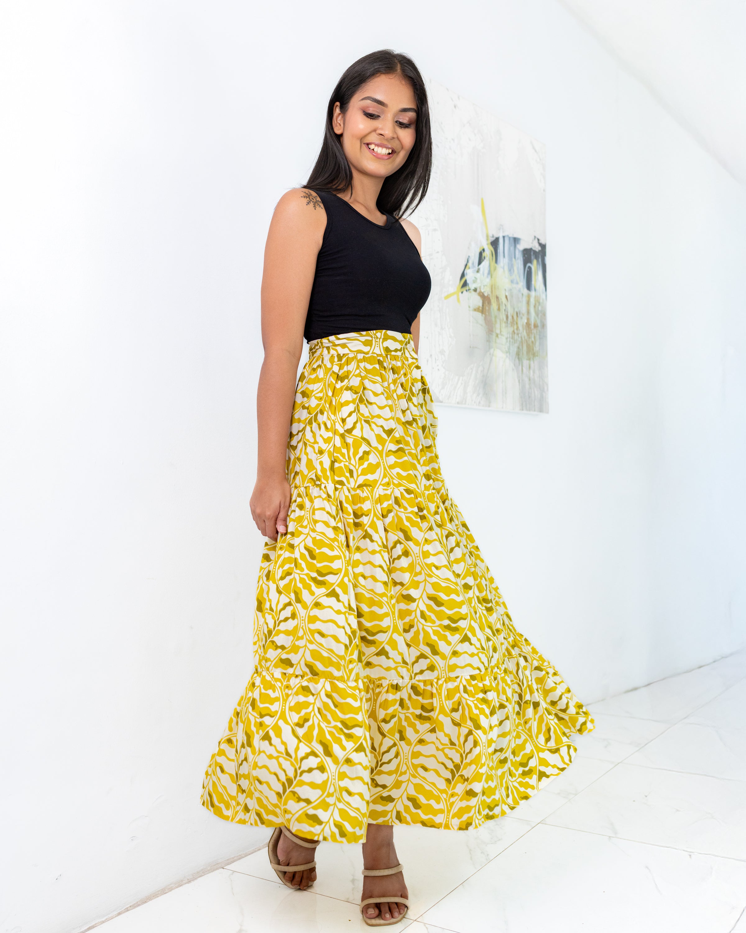 Dora Buttondown Maxi Skirt - Yellow Printed