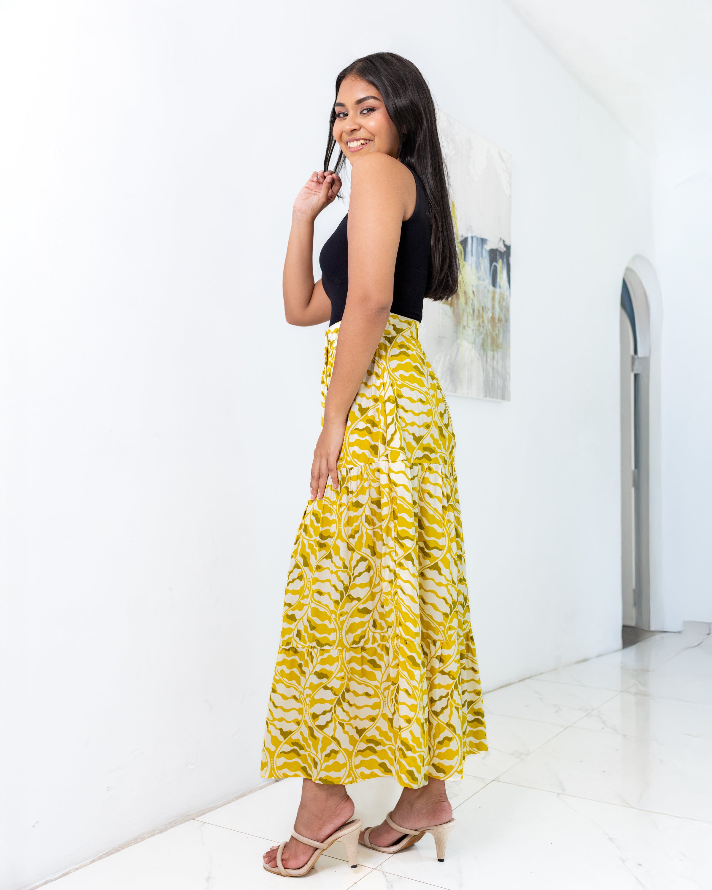 Dora Buttondown Maxi Skirt - Yellow Printed