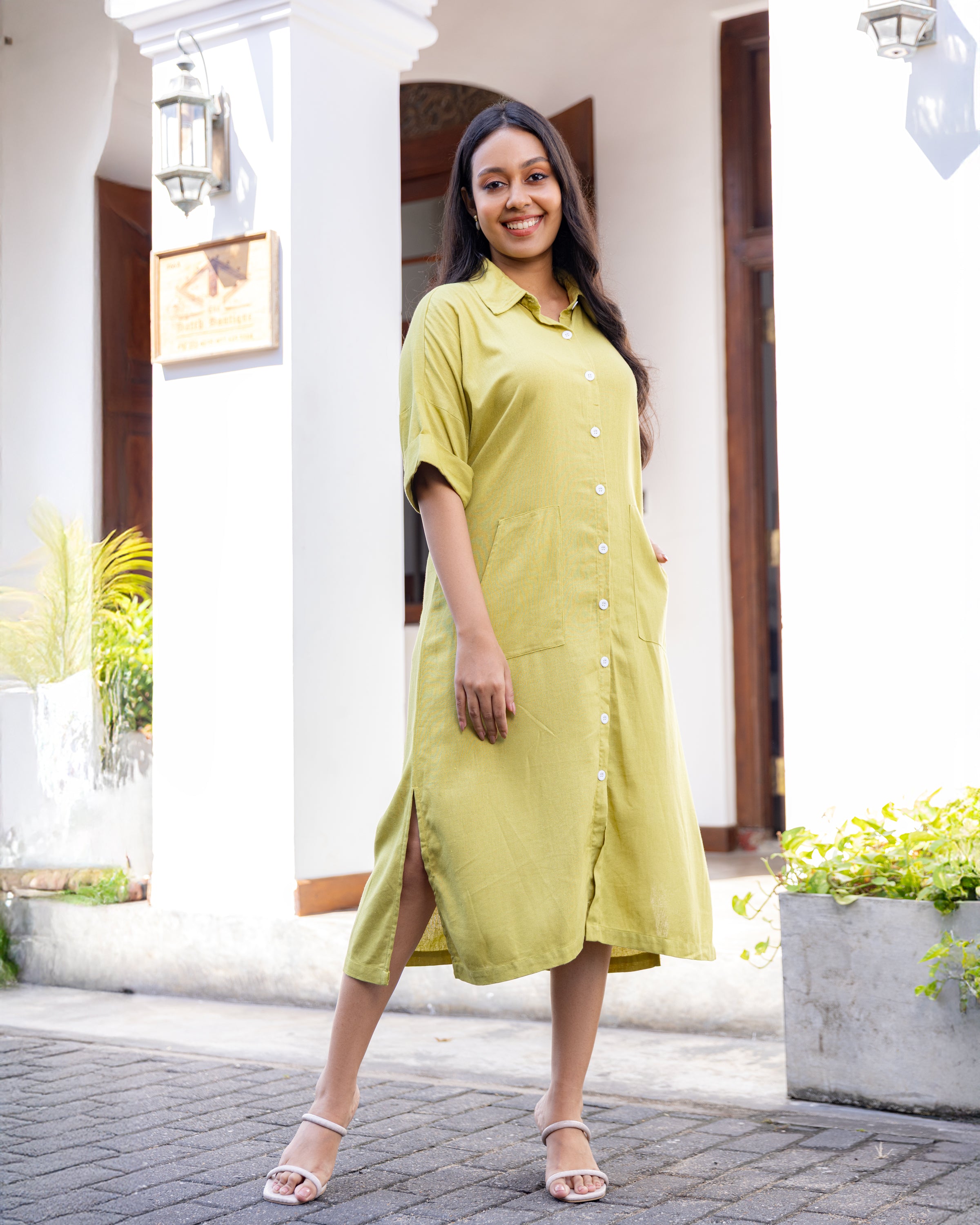 Lara Button Down Midi Dress - Lemon