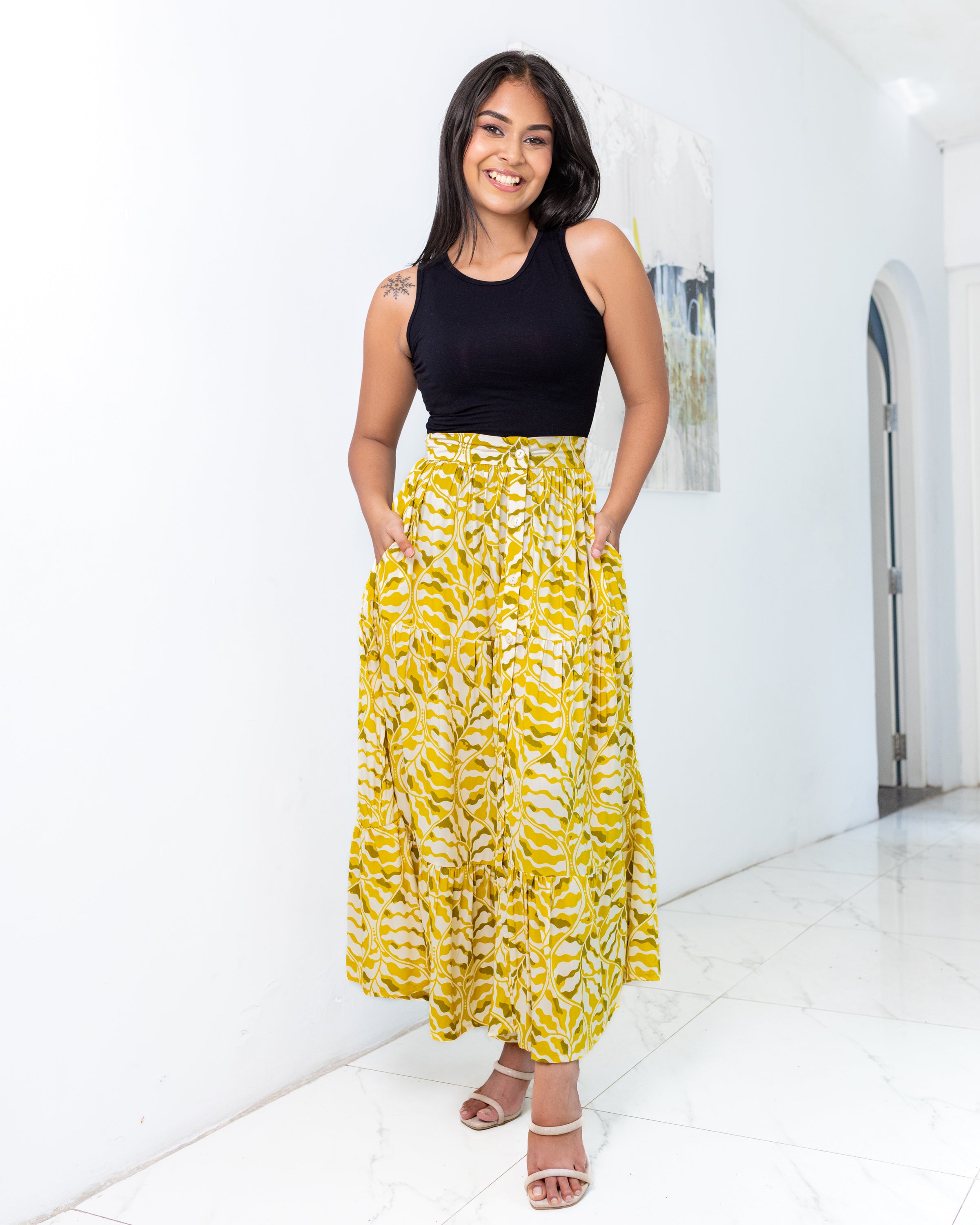 Dora Buttondown Maxi Skirt - Yellow Printed
