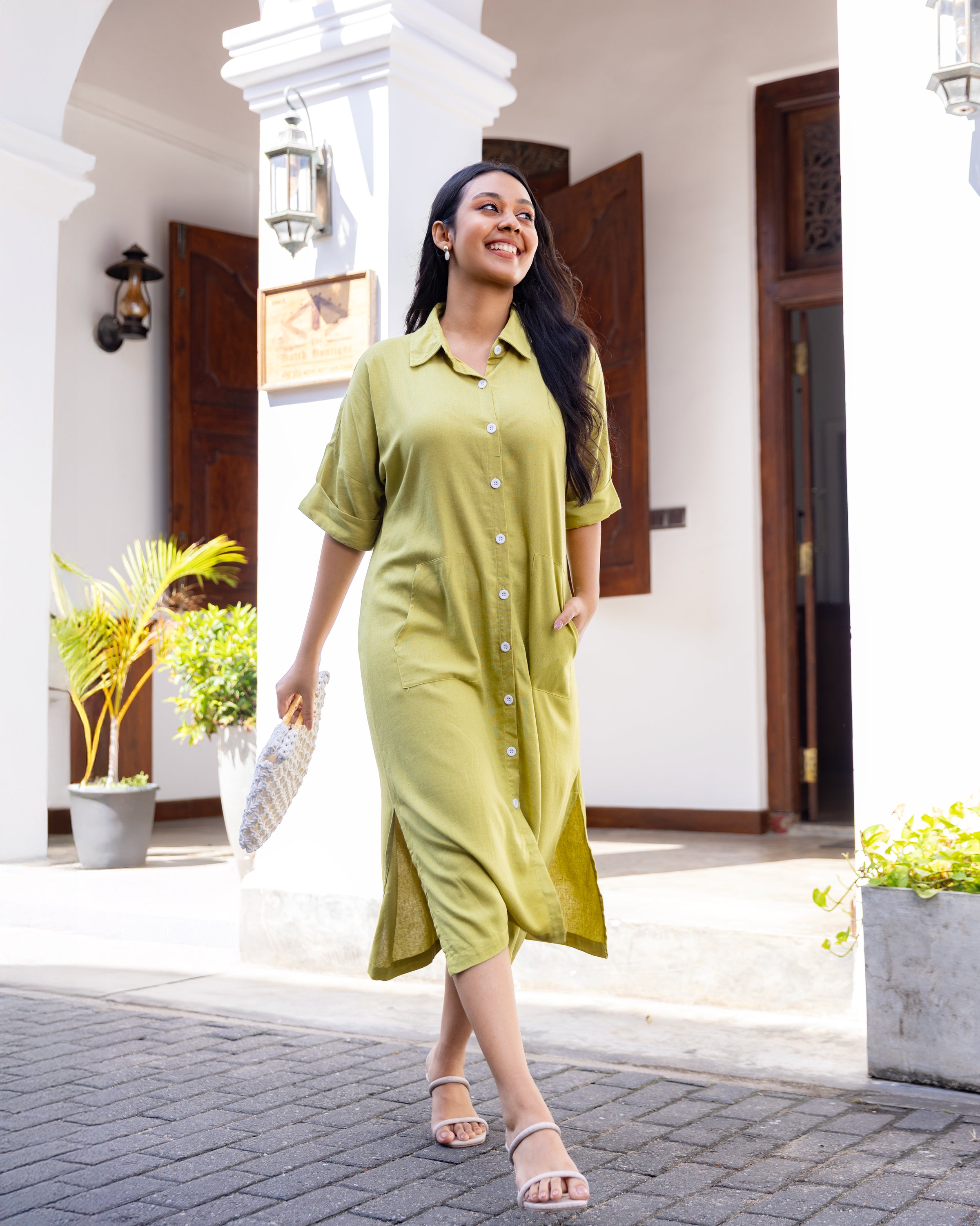 Lara Button Down Midi Dress - Lemon