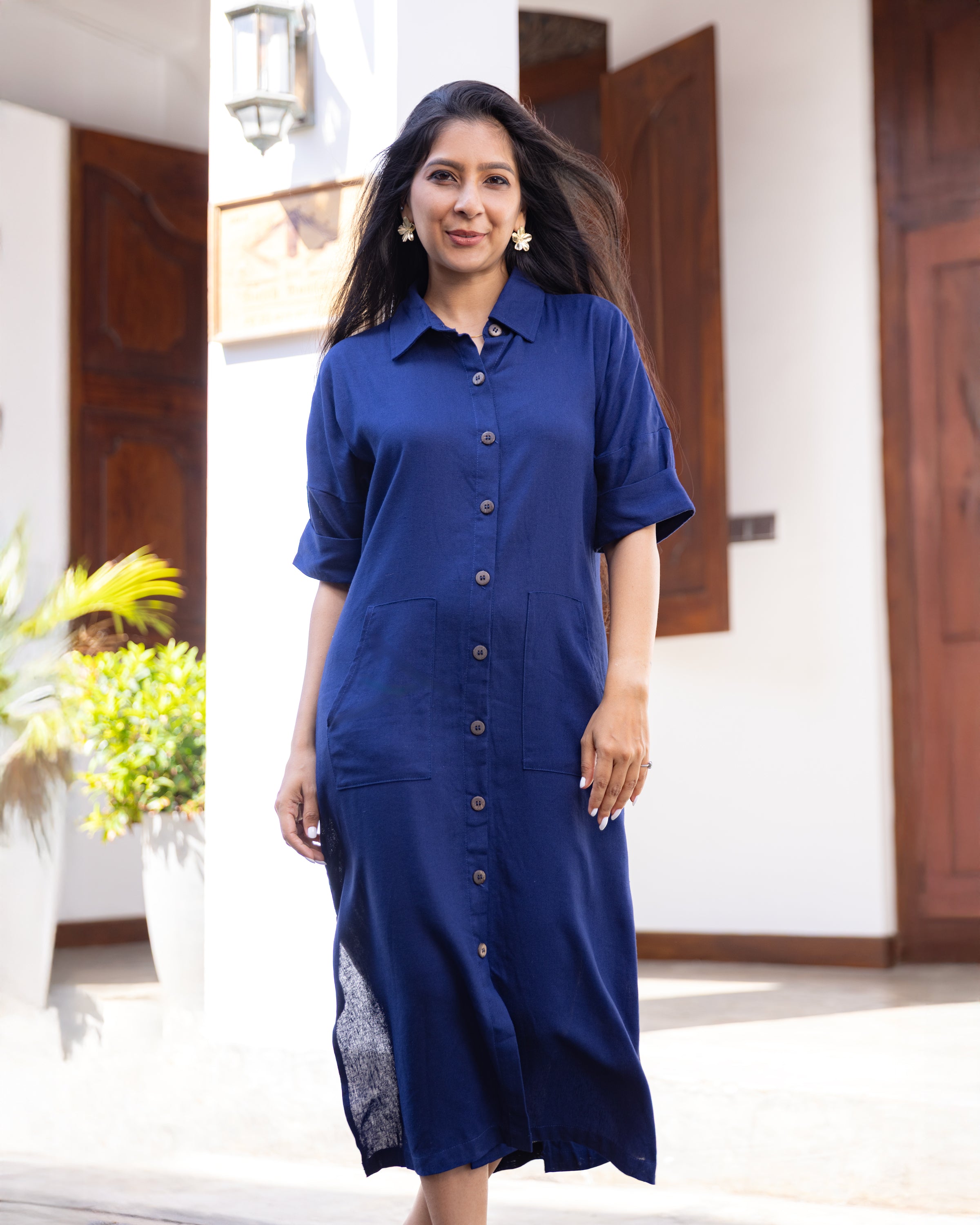 Lara Button Down Midi Dress - Navy Blue