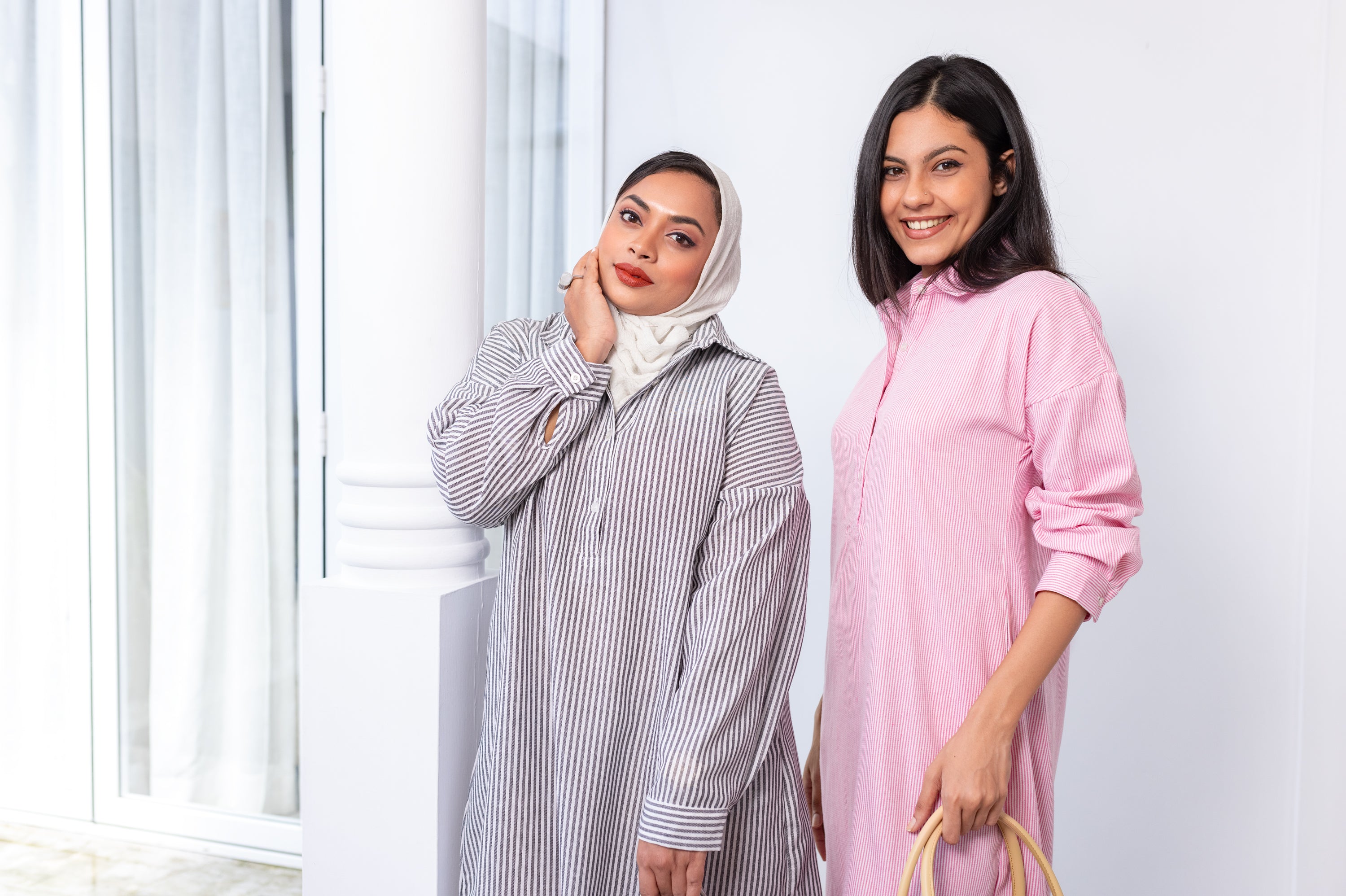 Nora Midi Dress - Grey White Stripes