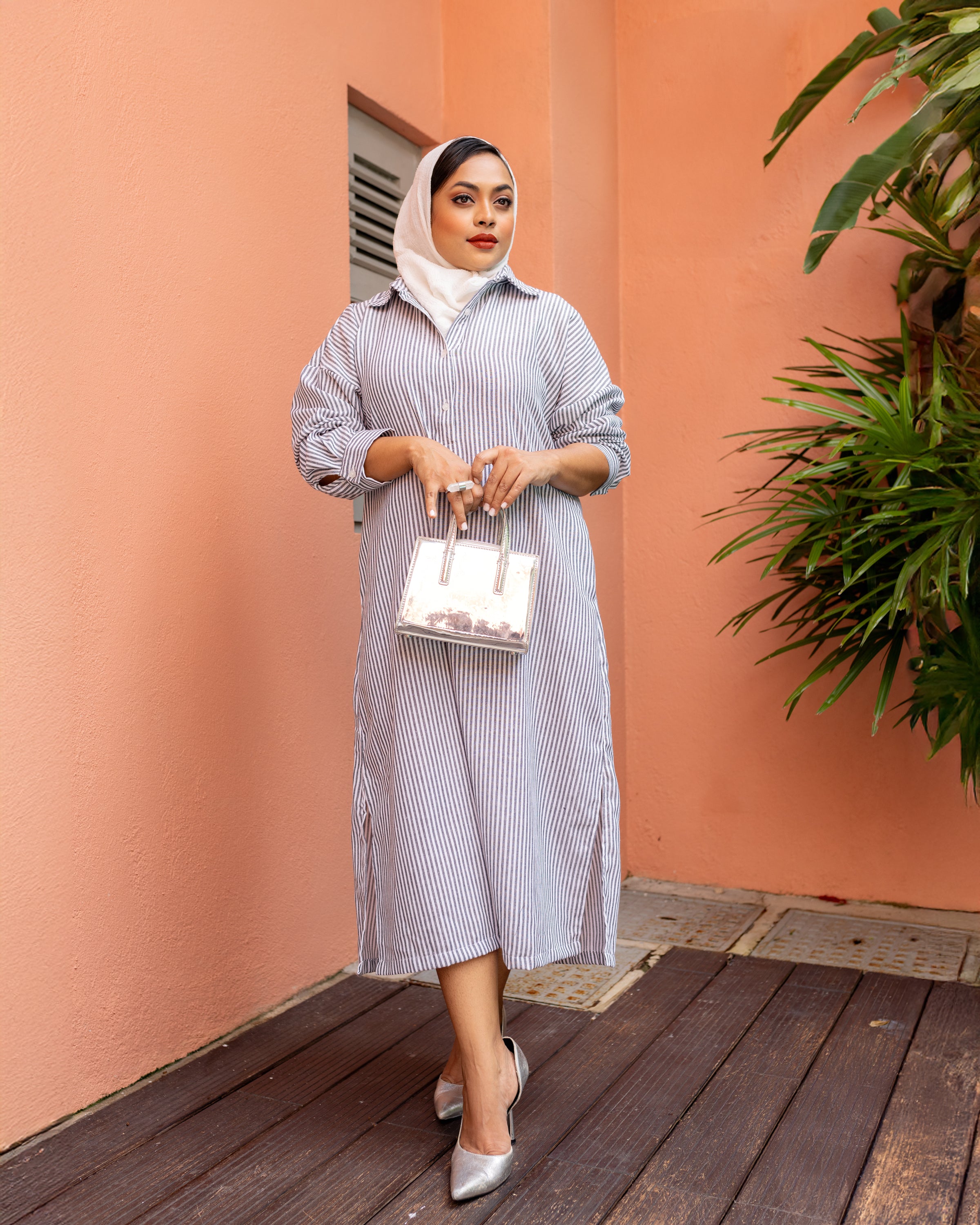 Nora Midi Dress - Grey White Stripes