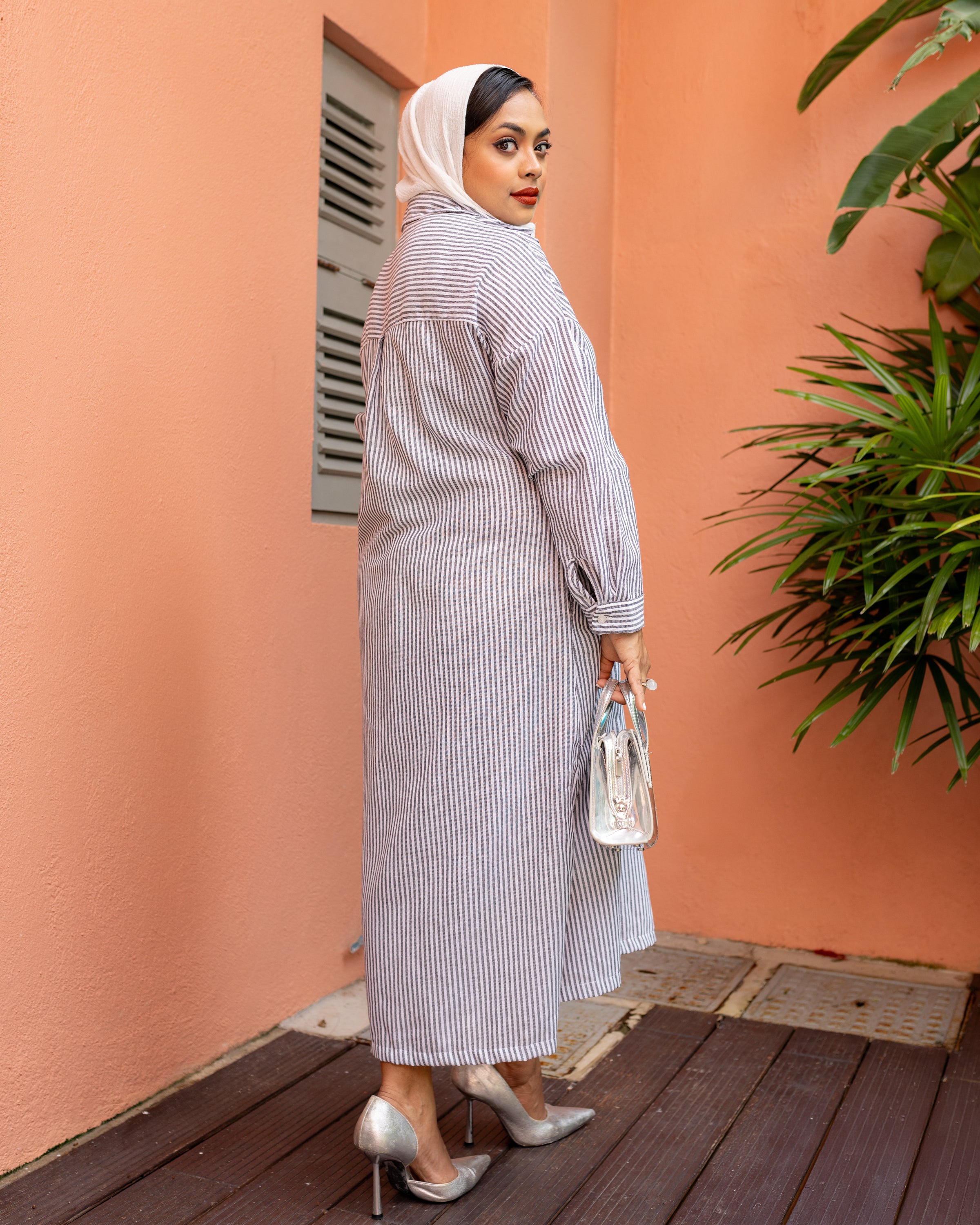 Nora Midi Dress - Grey White Stripes